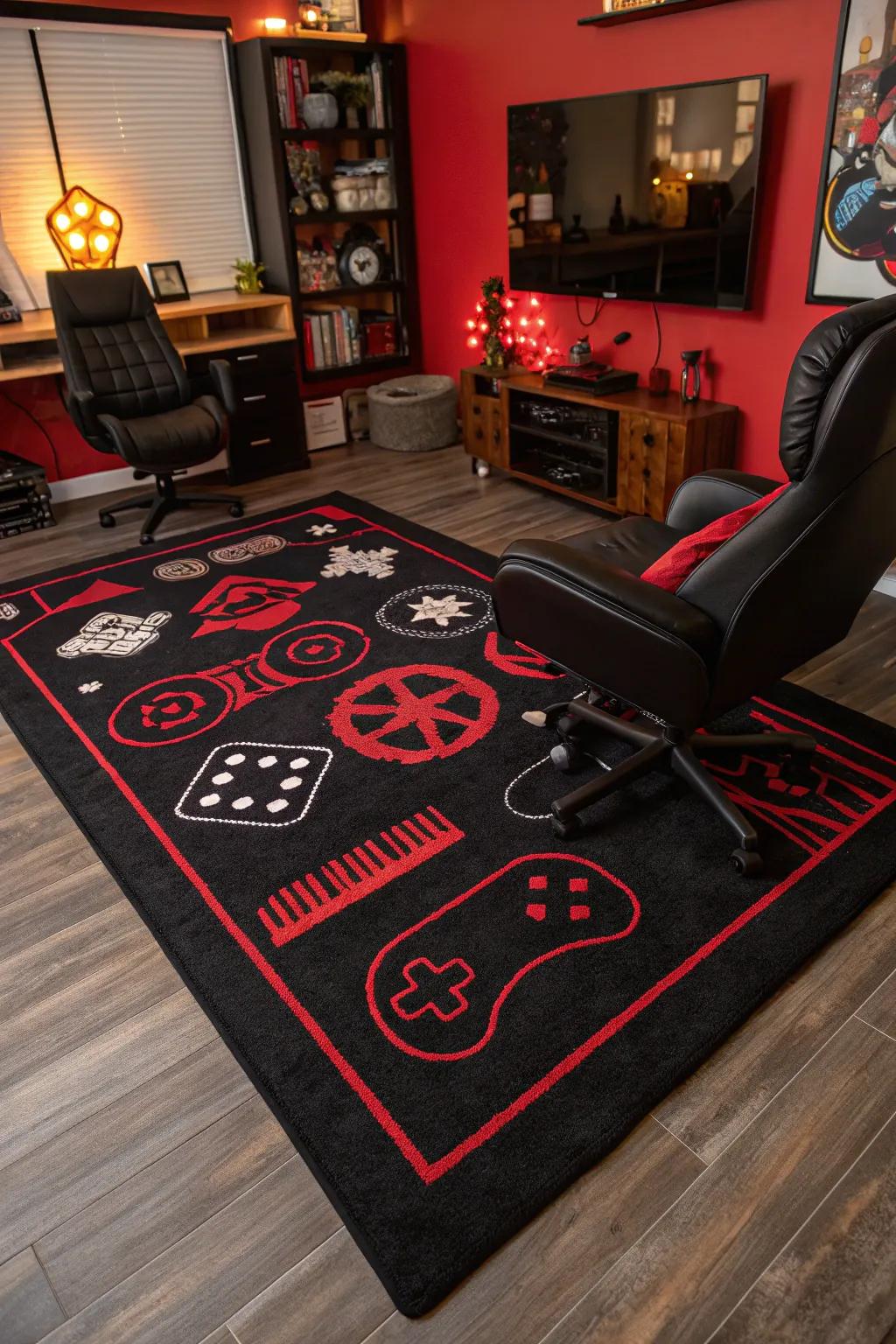 A gaming-inspired rug in black and crimson anchors the room and adds a cozy feel.