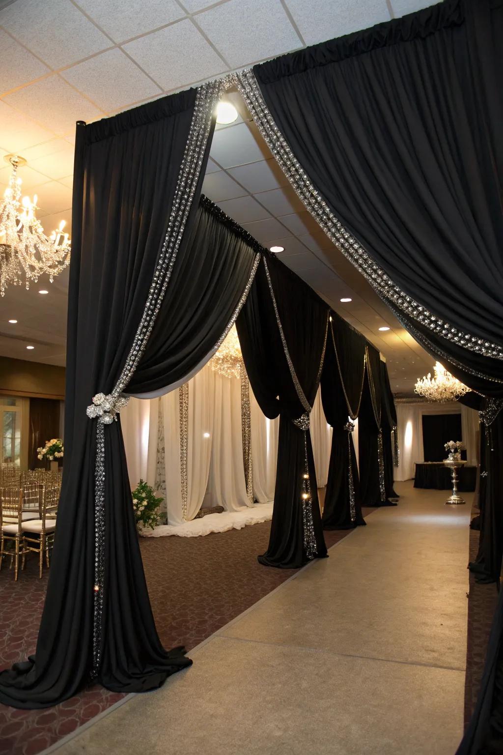 Theatrical fabric drape in ebony and bright shades.
