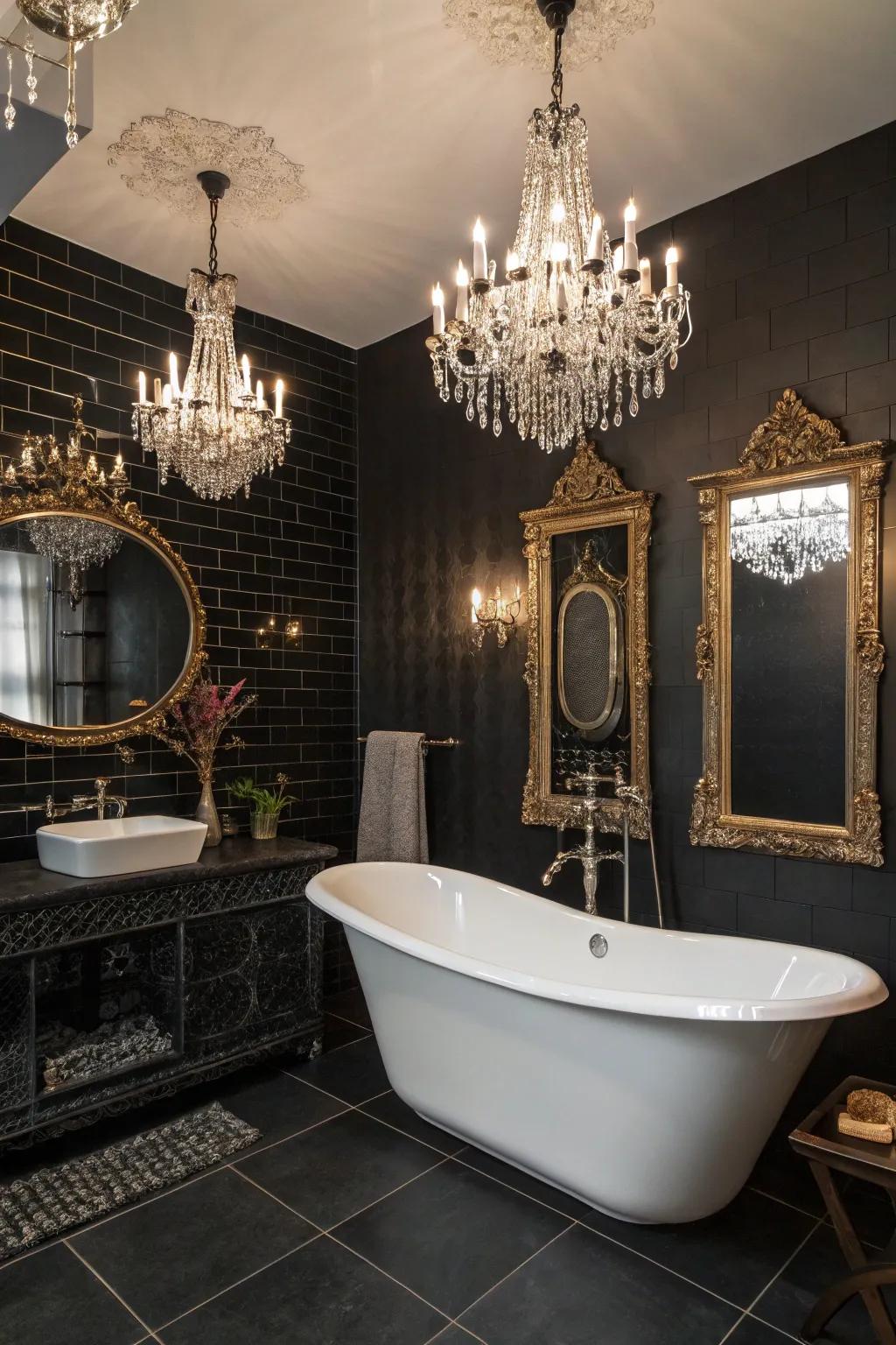 Crystal accents inject classic glamor into black bathrooms.