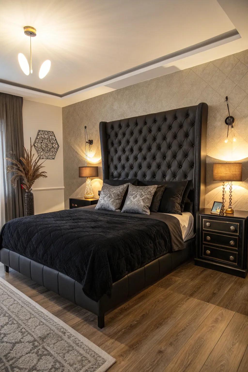 Establishing a focal point through a black headboard.