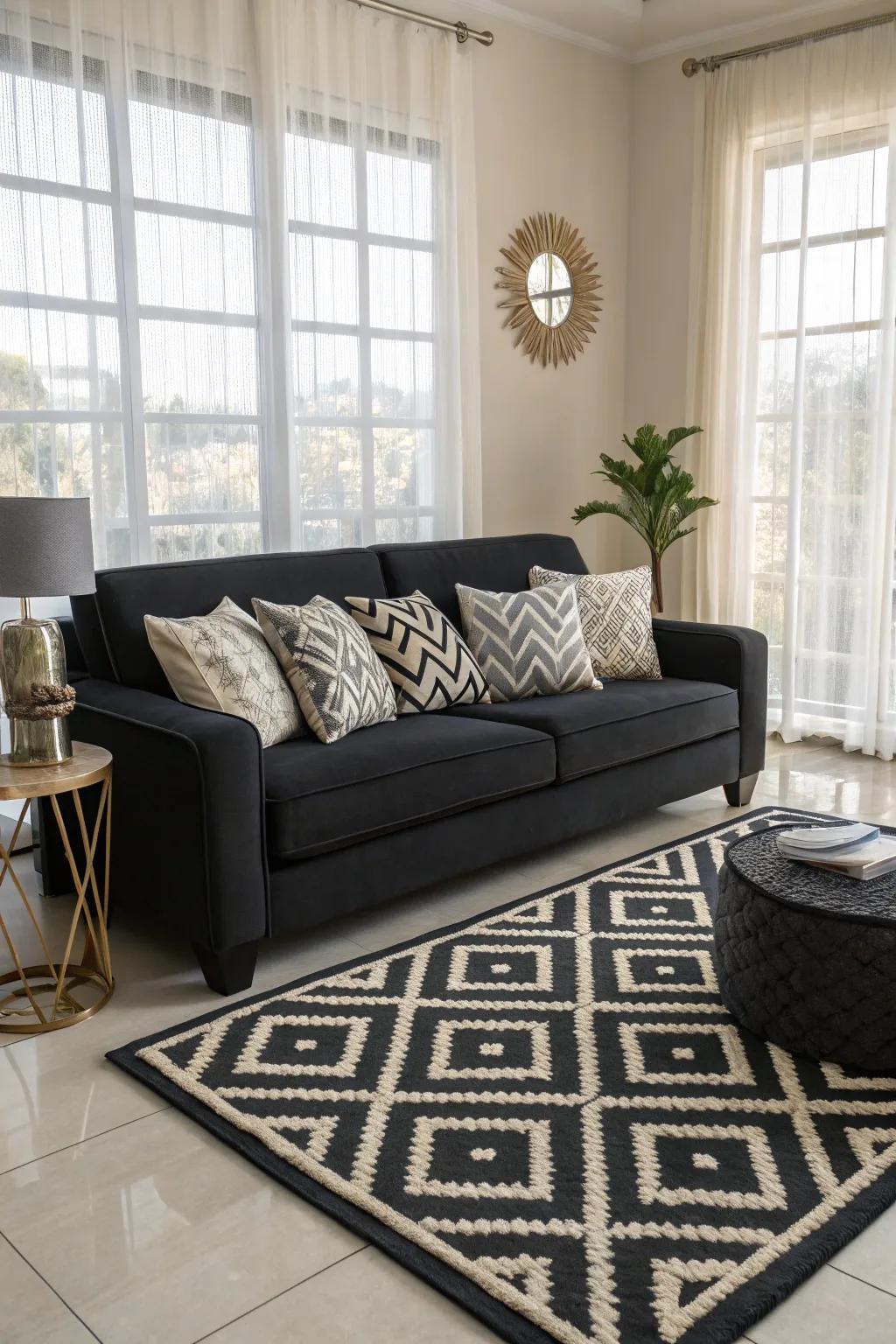 Geometric elegance highlights a dark sofa.