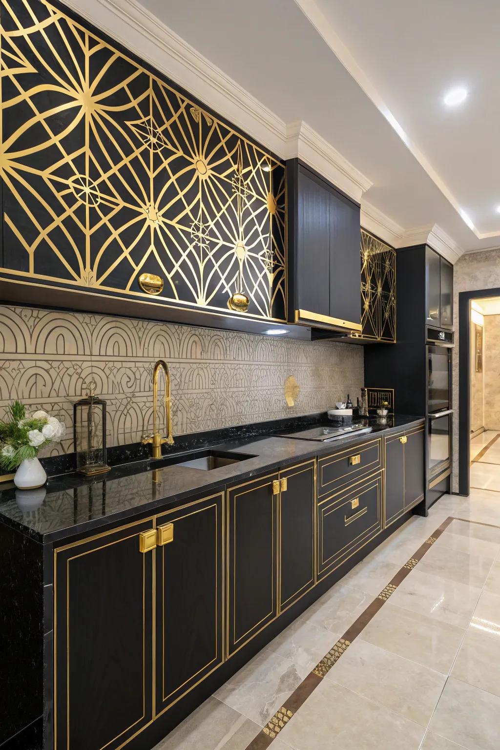 Art Deco style with ebony worktops and gilded accents.