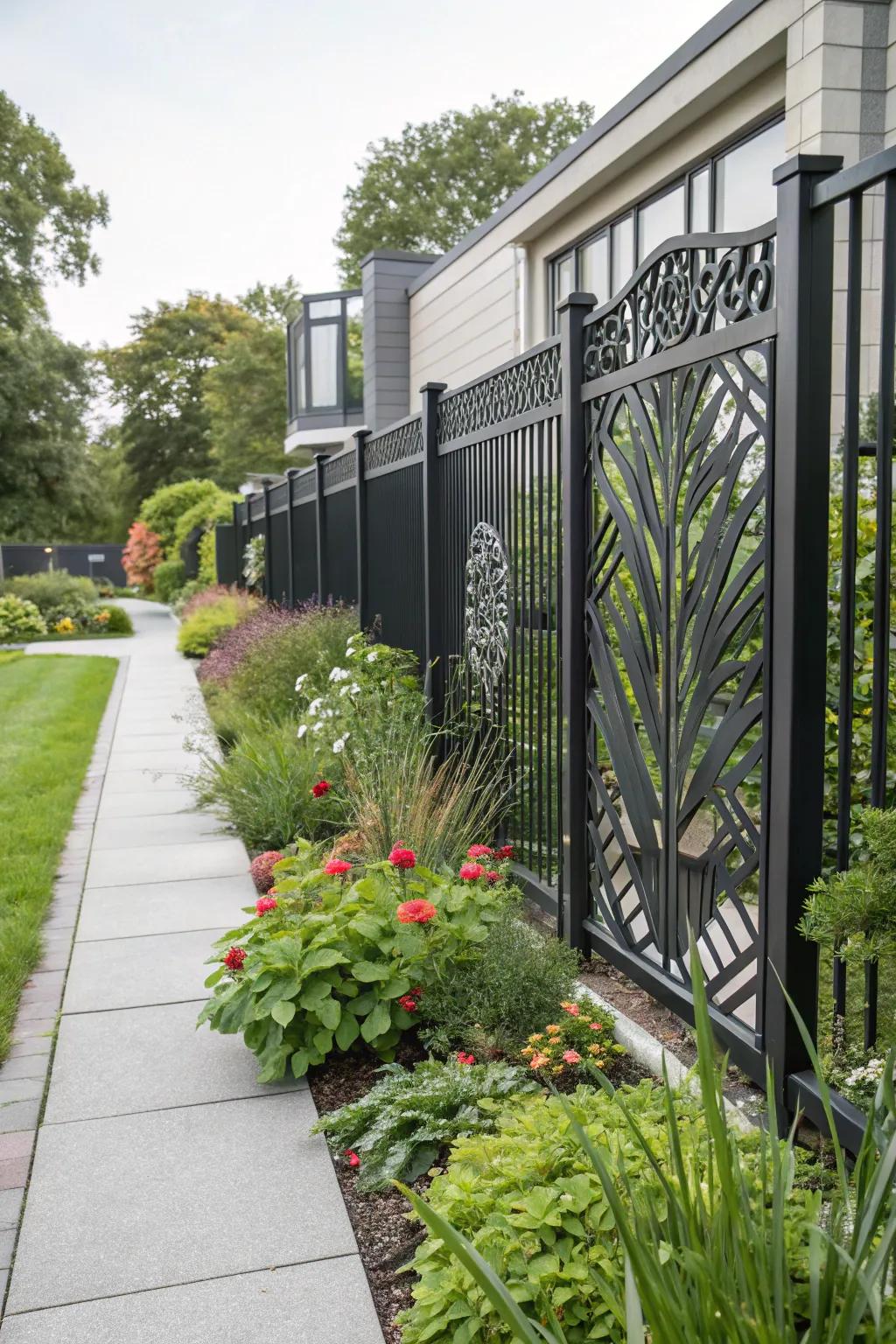 A contemporary dark metal fence introduces modern flair to the garden.