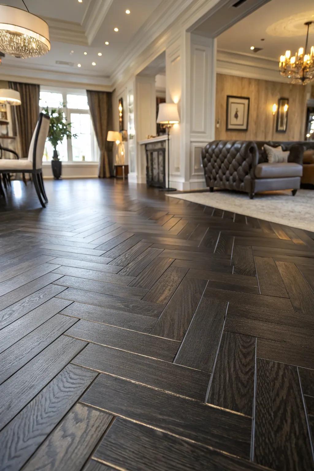 Sophisticated herringbone pattern in dark hardwood.