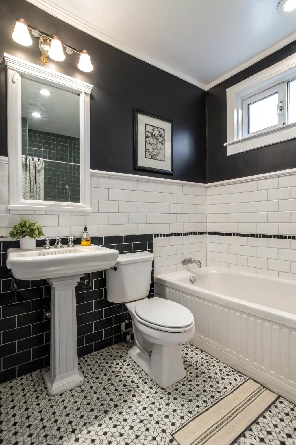 Layered tiles add depth and sophistication to this bathroom.