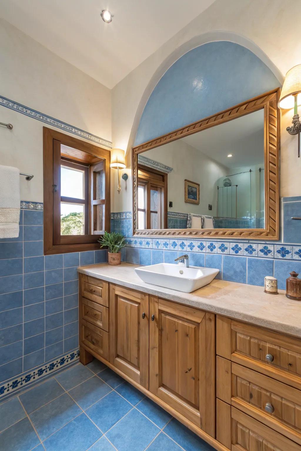 A blend of blue and wood for a welcoming atmosphere.
