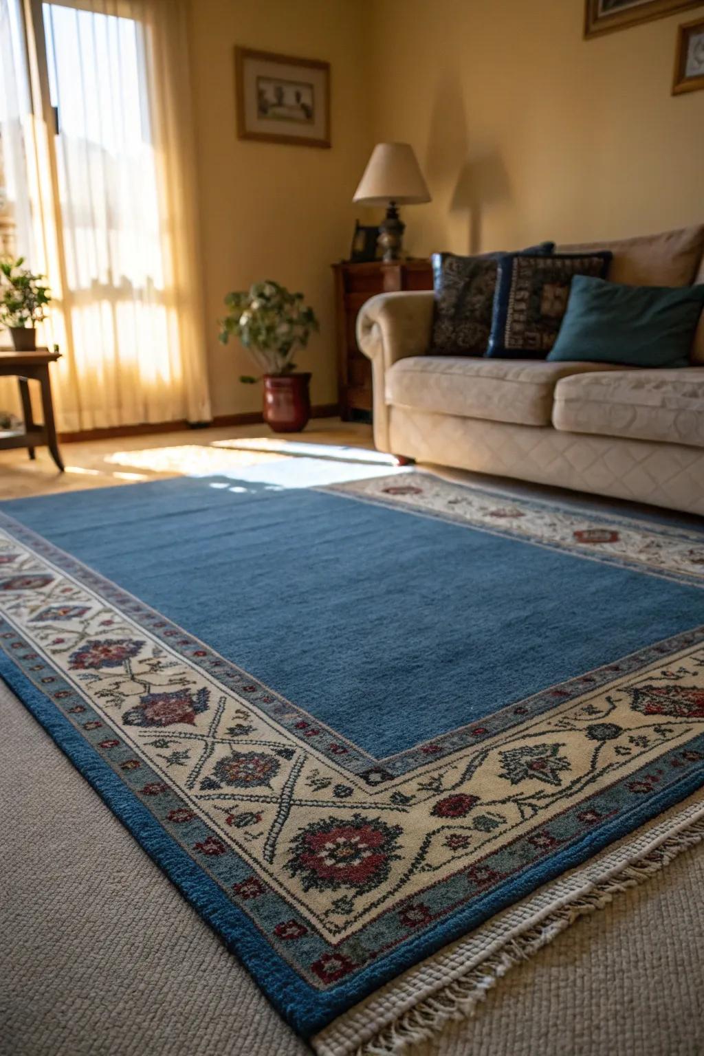 Superimposing rugs appends profundity and vogue to a lounge with a blue carpet.