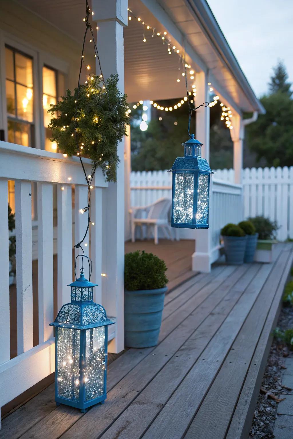 Azure lanterns fashion an enchanting greeting at your front portal.