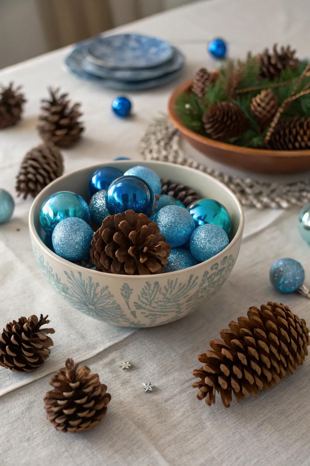 Simple and striking exhibition of azure baubles and cones