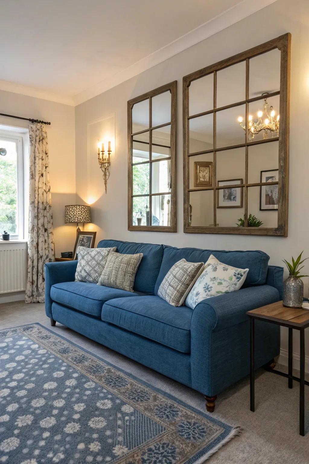 Mirrors enhance the space and reflect the beauty of a sapphire sofa.