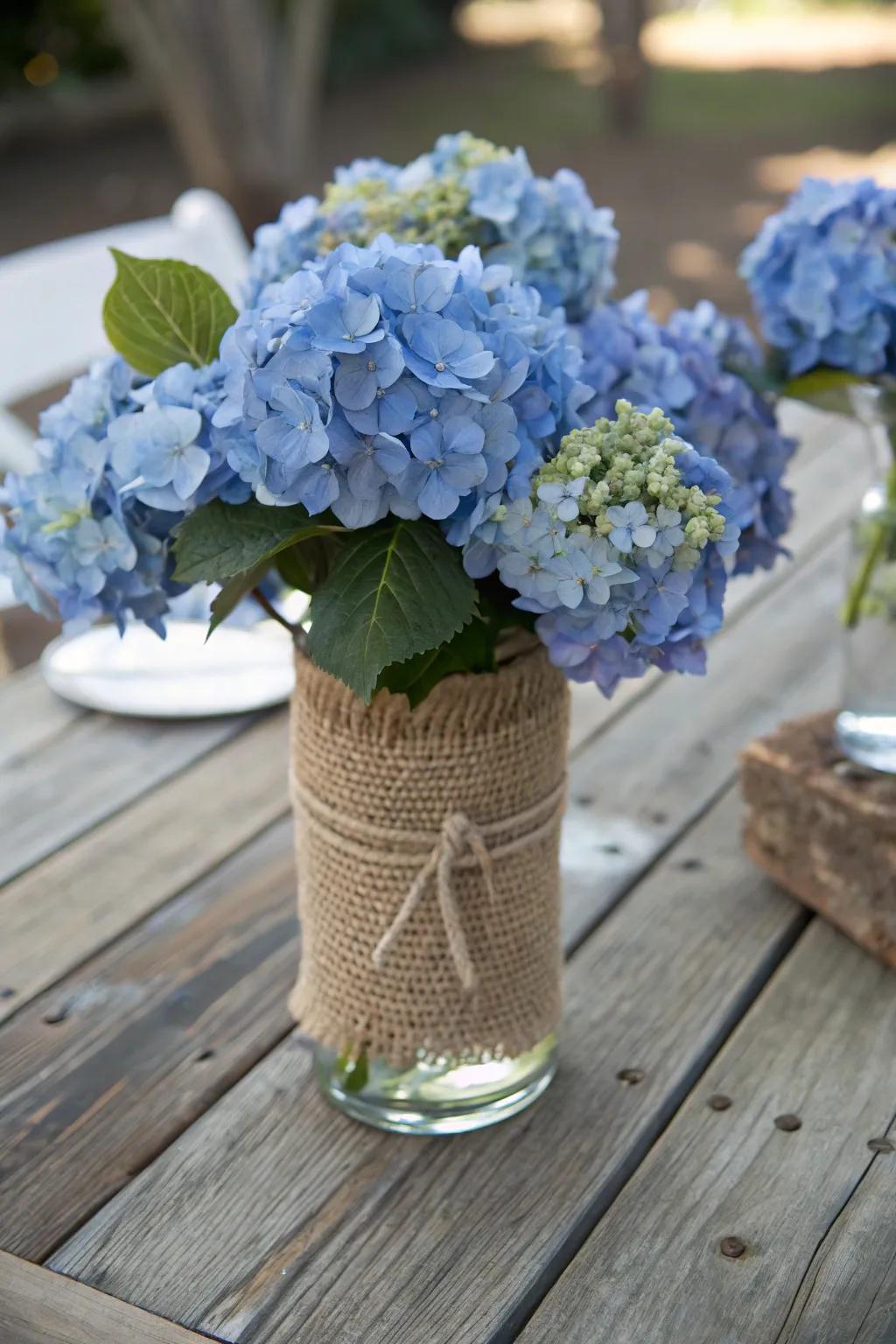 Sackcloth-wrapped vases introduce countryside finesse to blue hydrangeas.