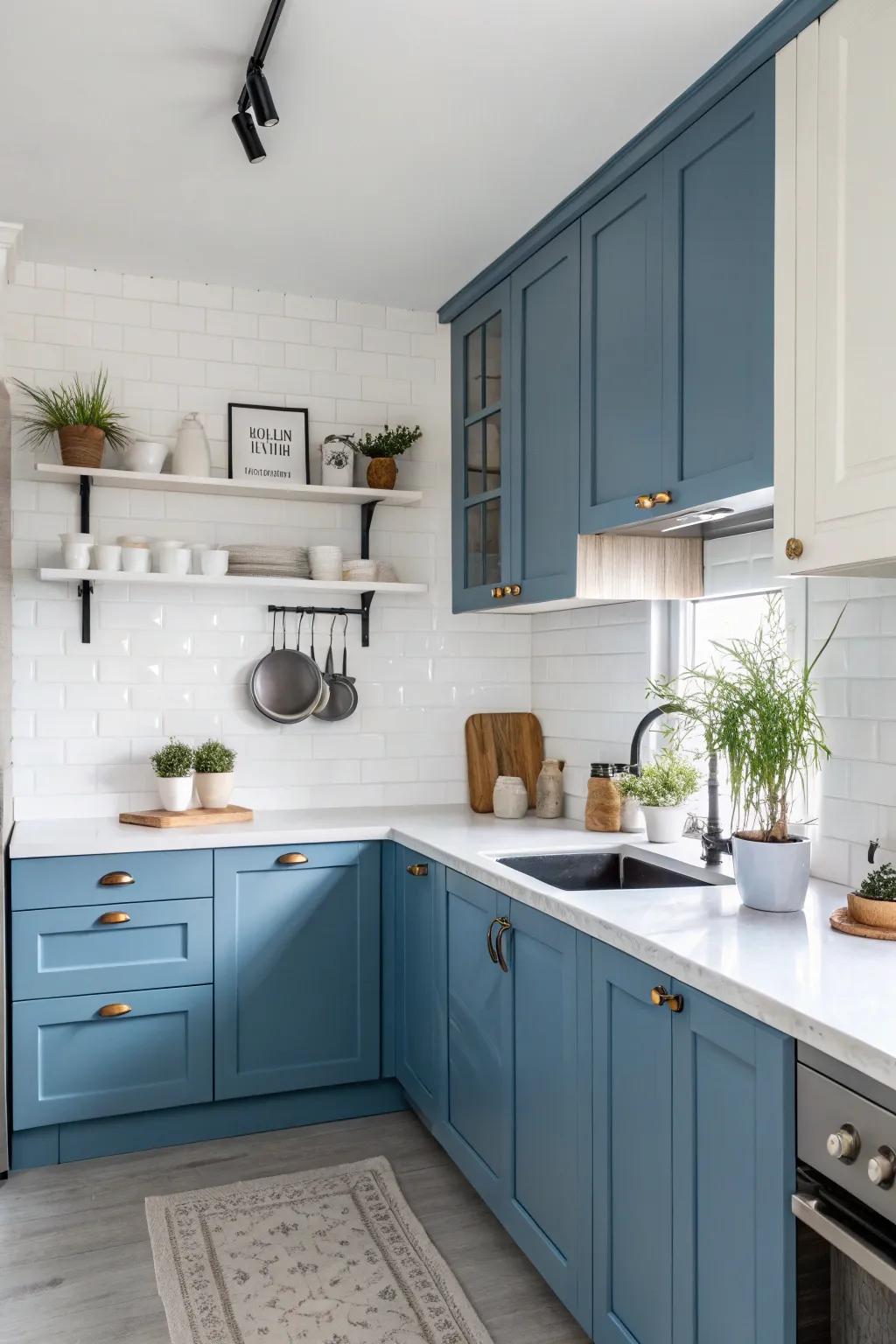 Contrasting worktops render azure cabinetry prominent and inject visual captivation.