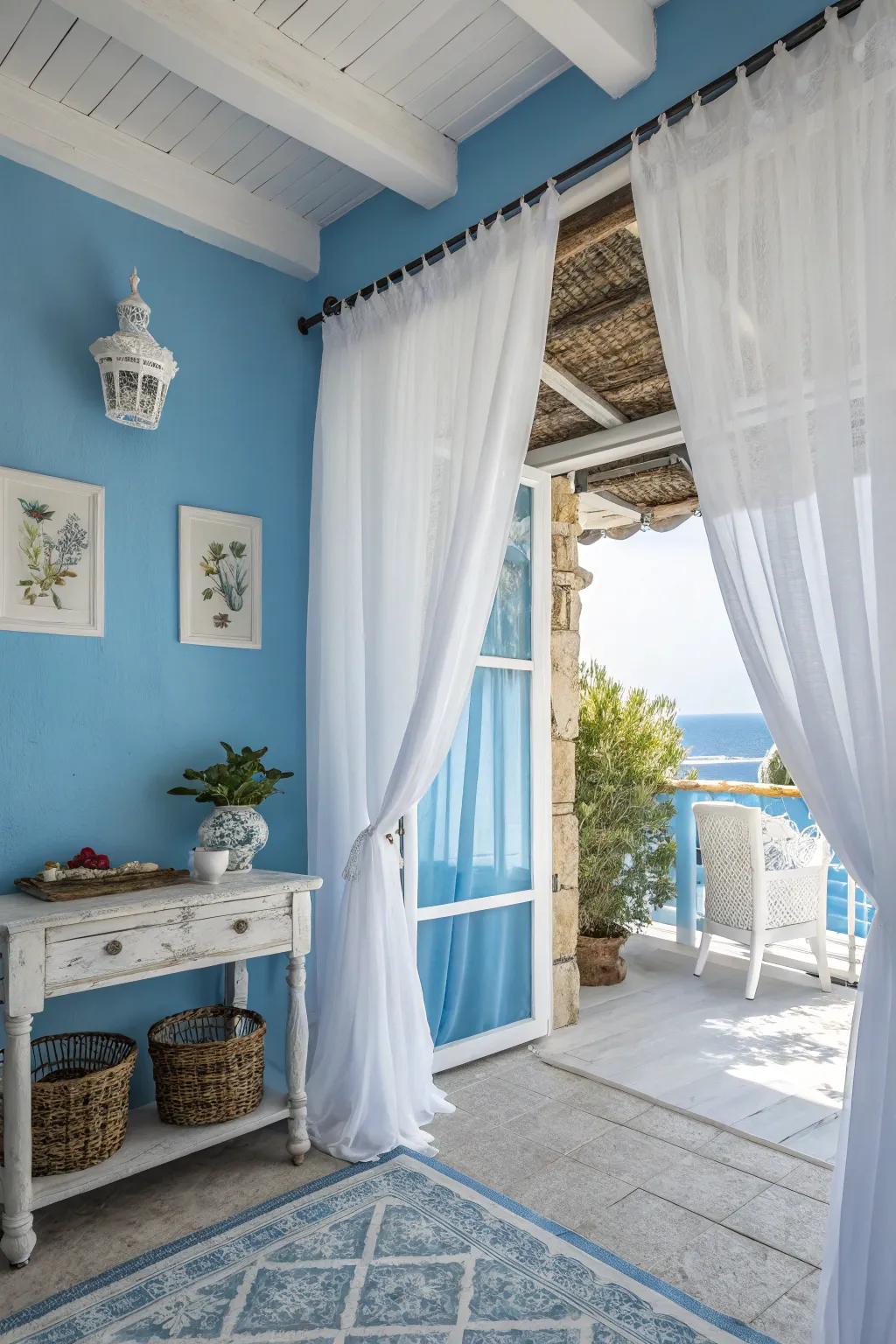 Combining azure and ivory creates a fresh and balanced aesthetic.