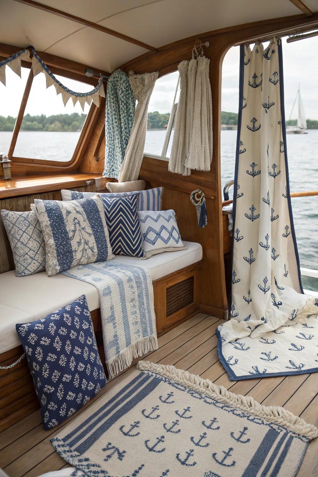 Sea-inspired patterns in fabrics include a cohesive themed touch.