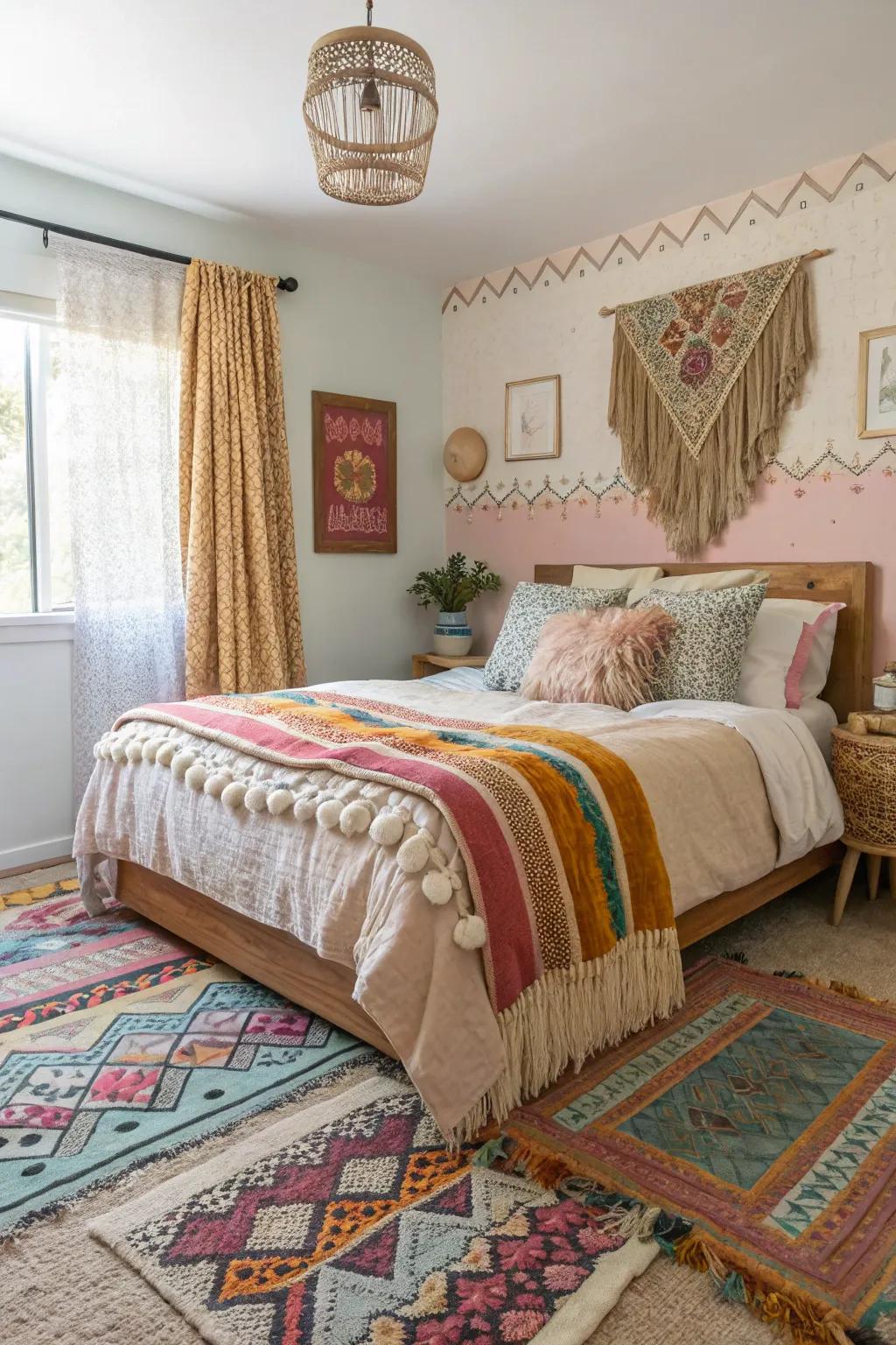 Layered floor coverings add comfort and visual interest to bohemian spaces.