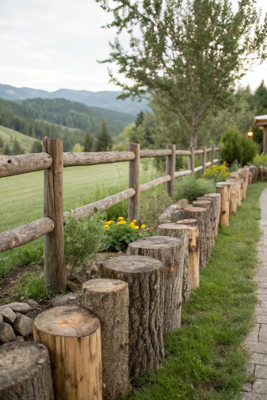 Logs add a touch of rustic appeal to fence bases.