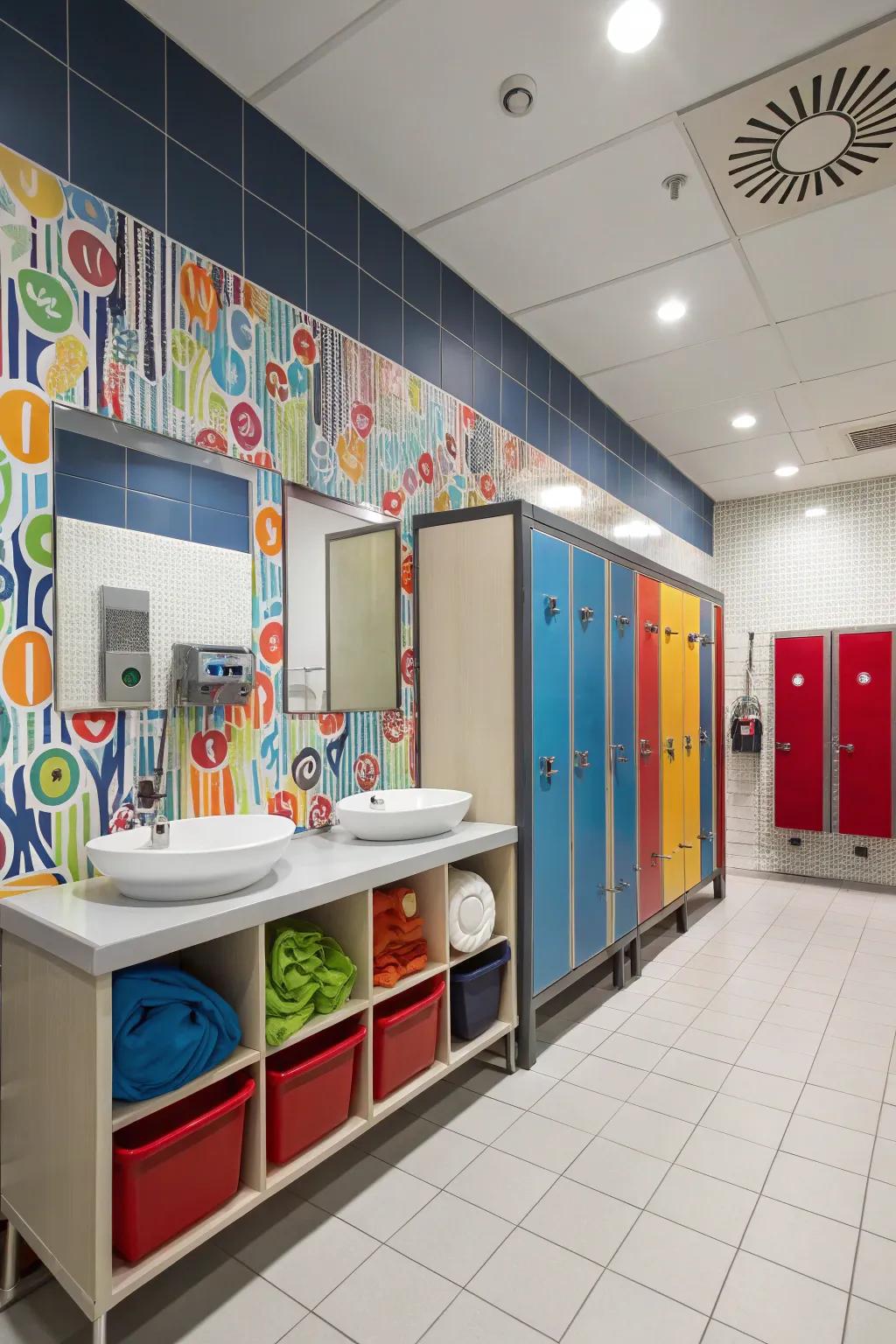 Creative storage options keep a boys' bathroom organized.