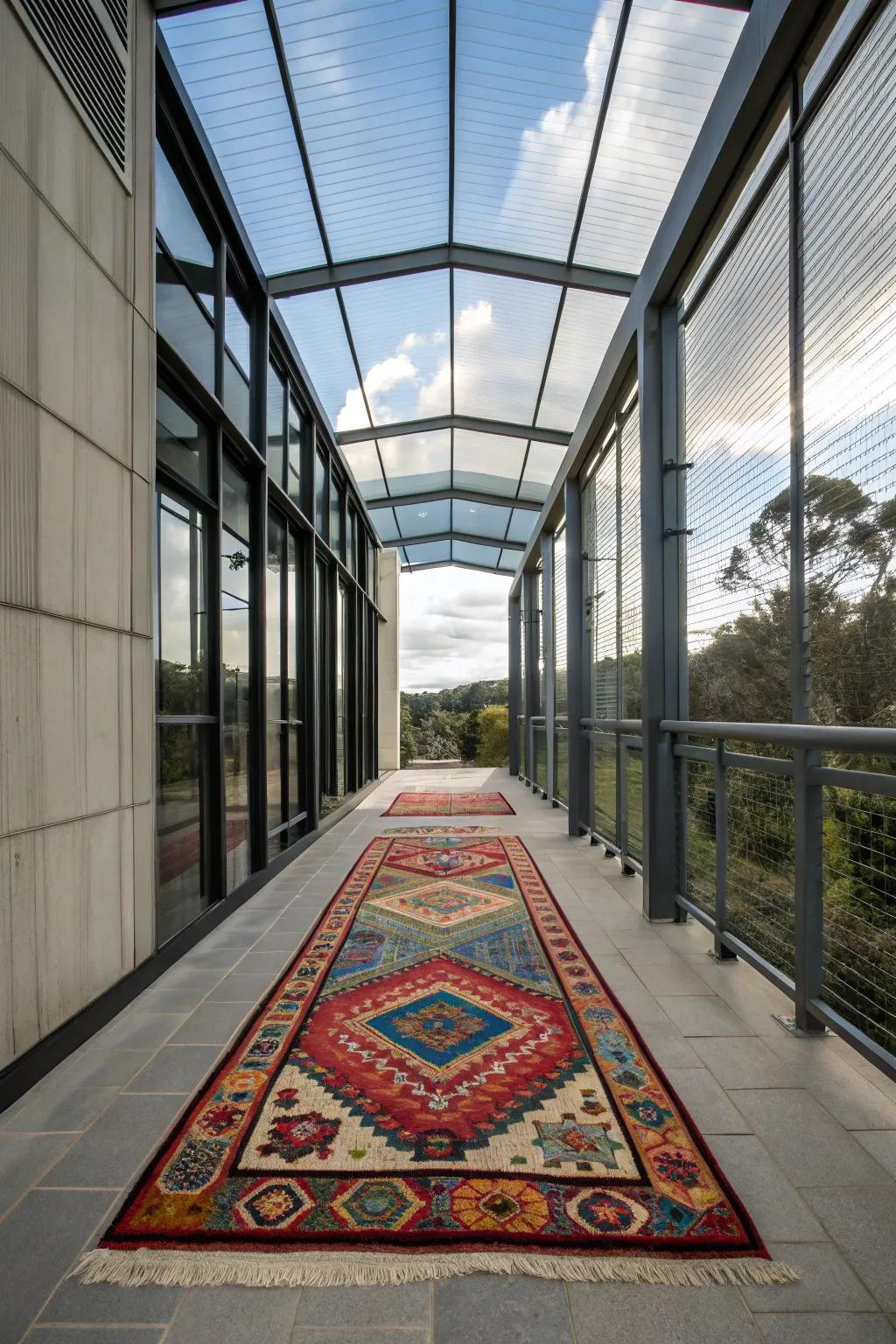 A diverse rug that adds warmth and character to the breezeway.