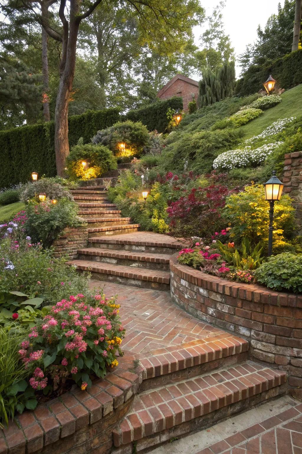 Brick steps offer refined transitions between different garden levels.