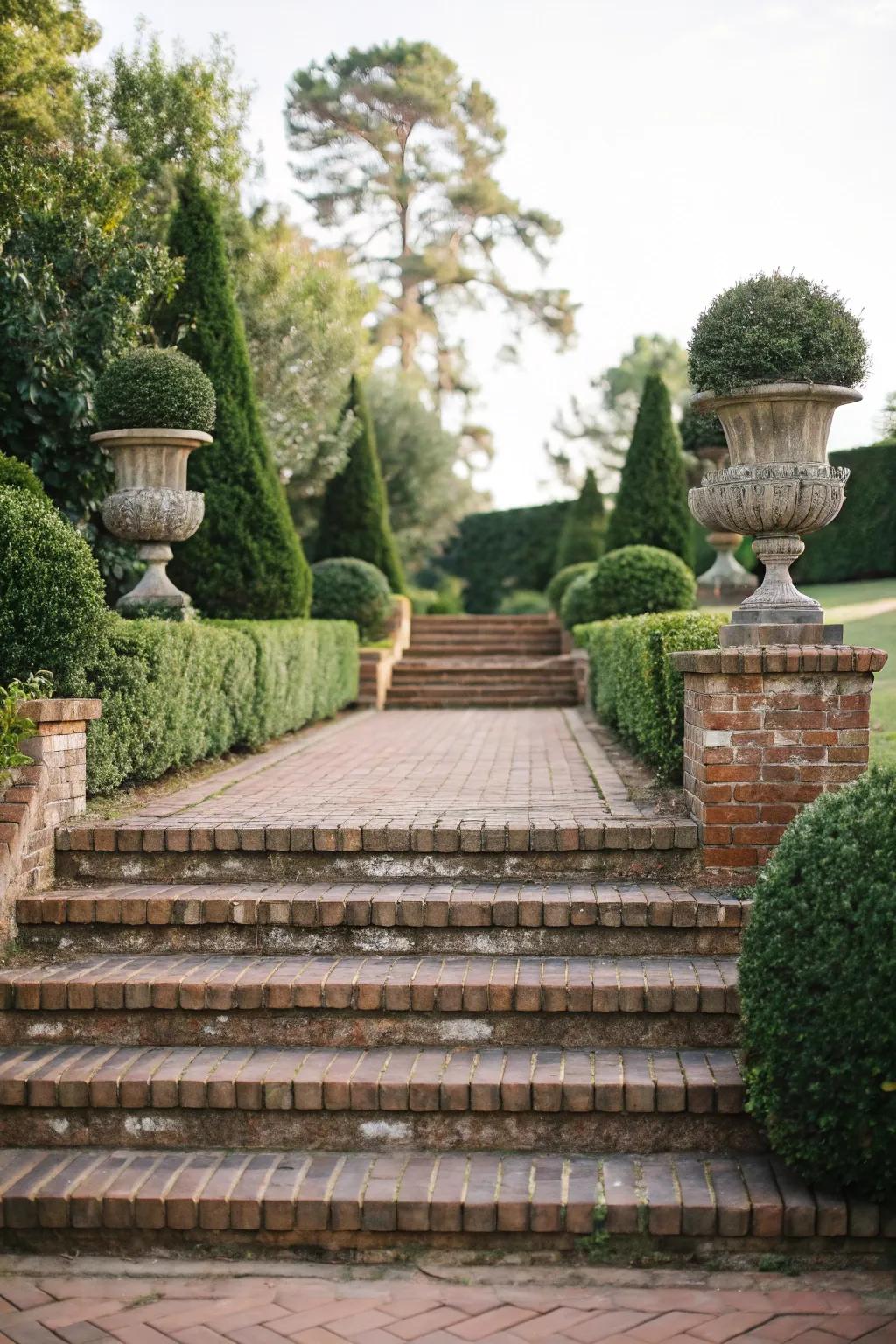 Sculpted plantings framing refined brick steps.