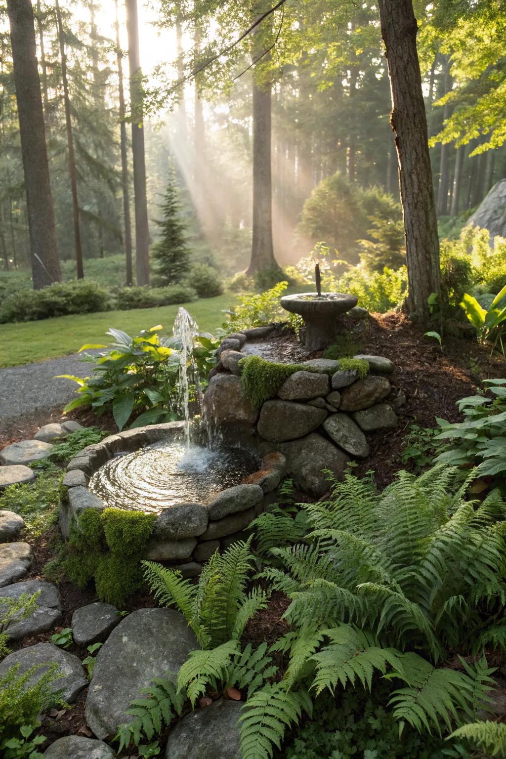 A whimsical woodland fountain harmonizes effortlessly with nature.