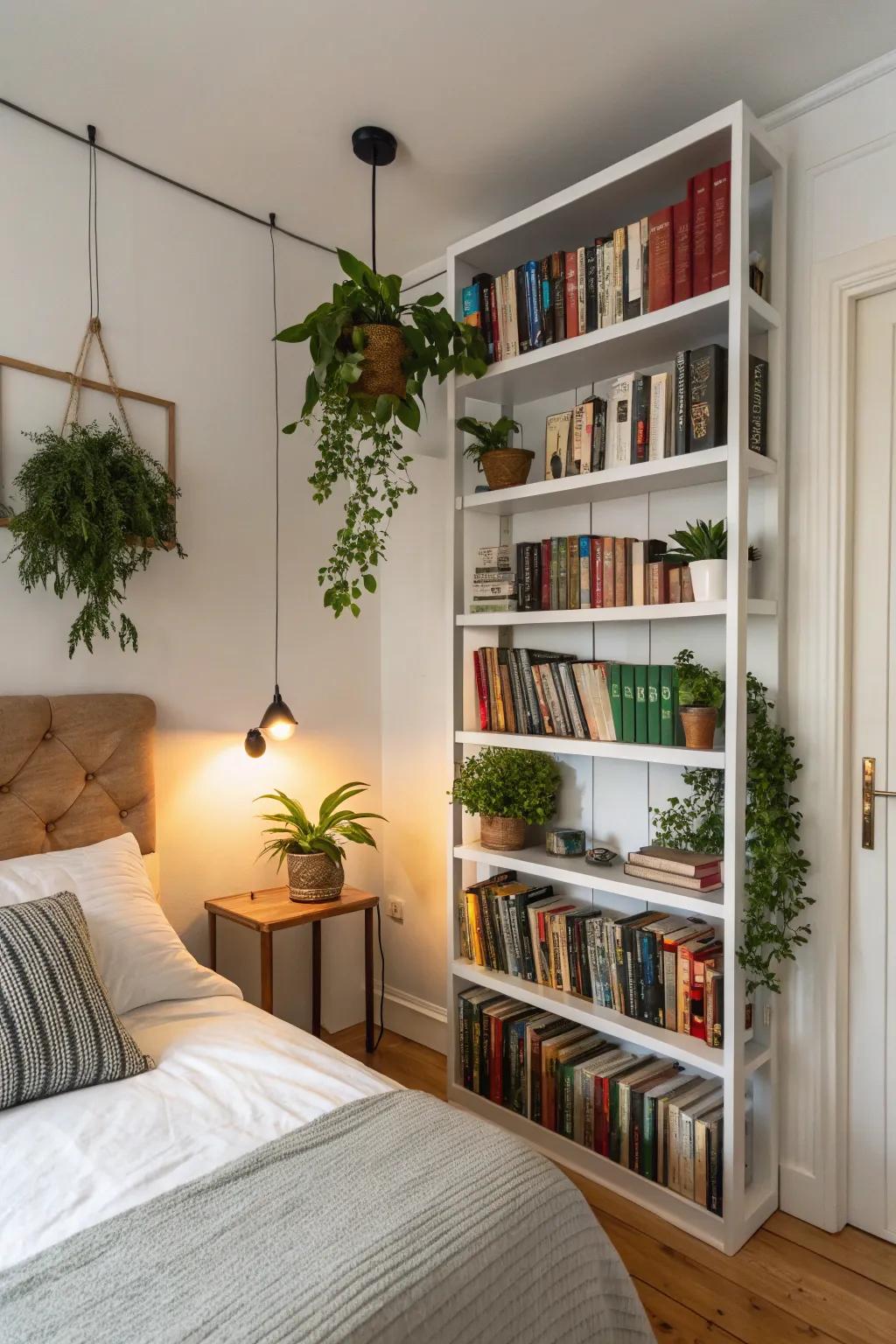 Upward shelving maximizes space and introduces decorative interest.