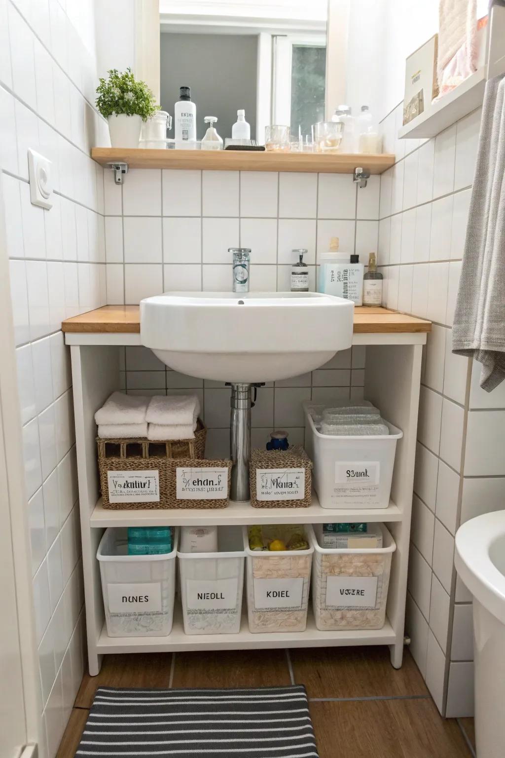 The organization of this small bathroom is both effective and tidy thanks to the storage located beneath the sink.