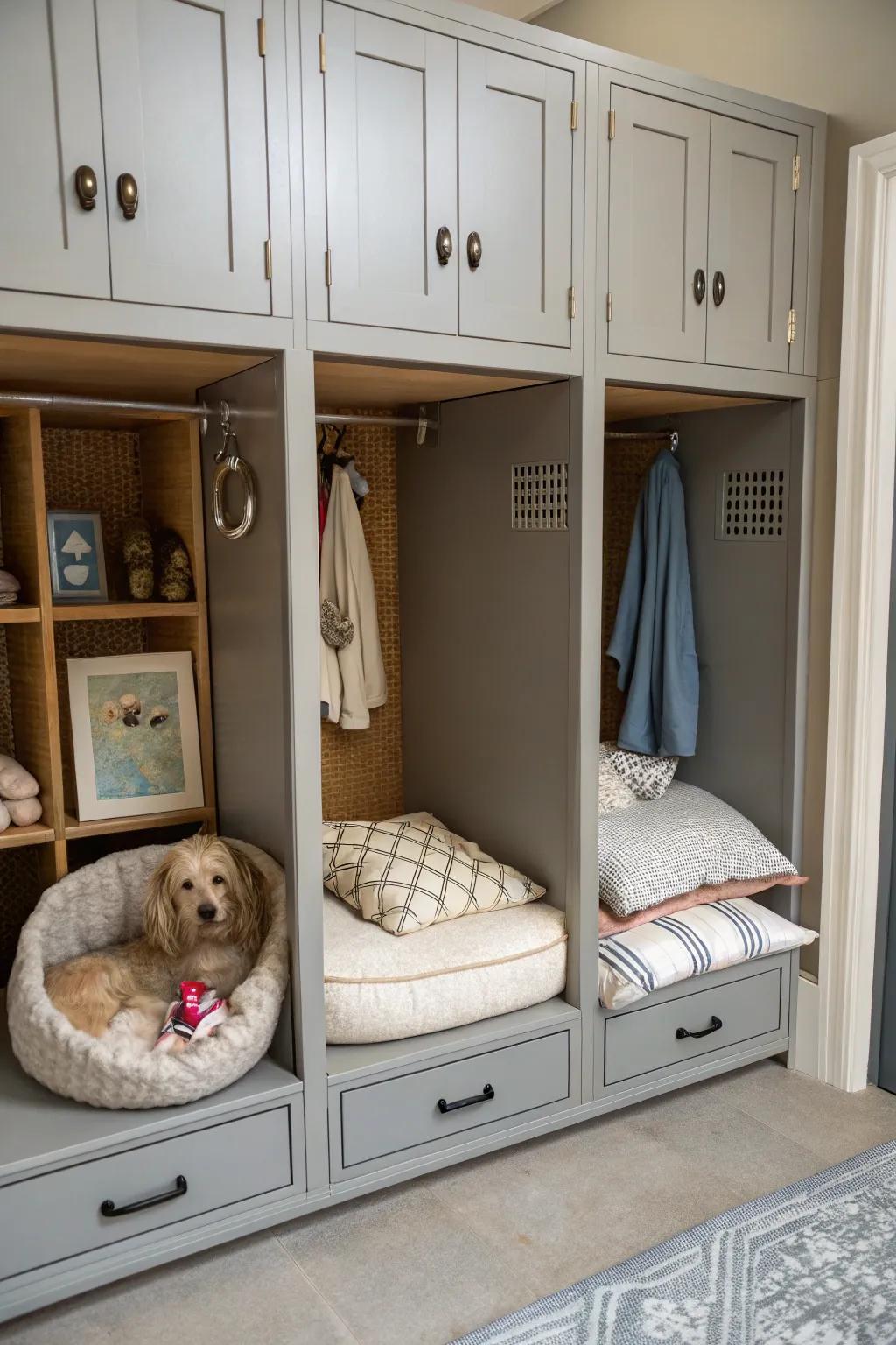 Custom-built storage with a comfortable corner for pets.