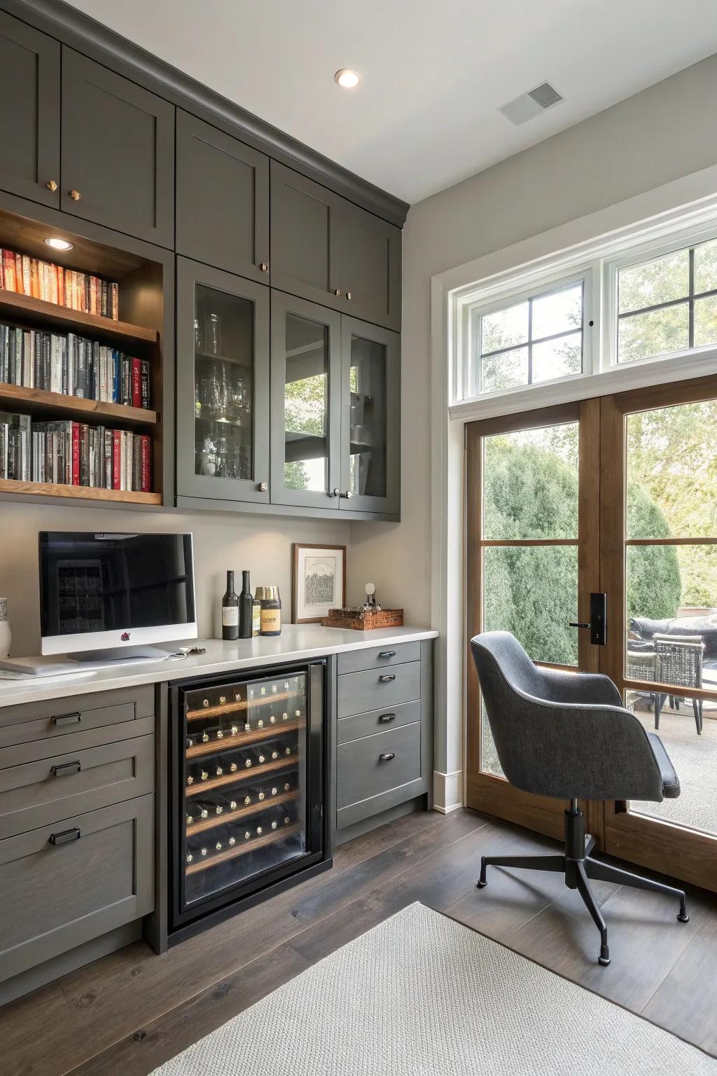 Elevate your home office with a wine storage unit for a hint of sophistication.