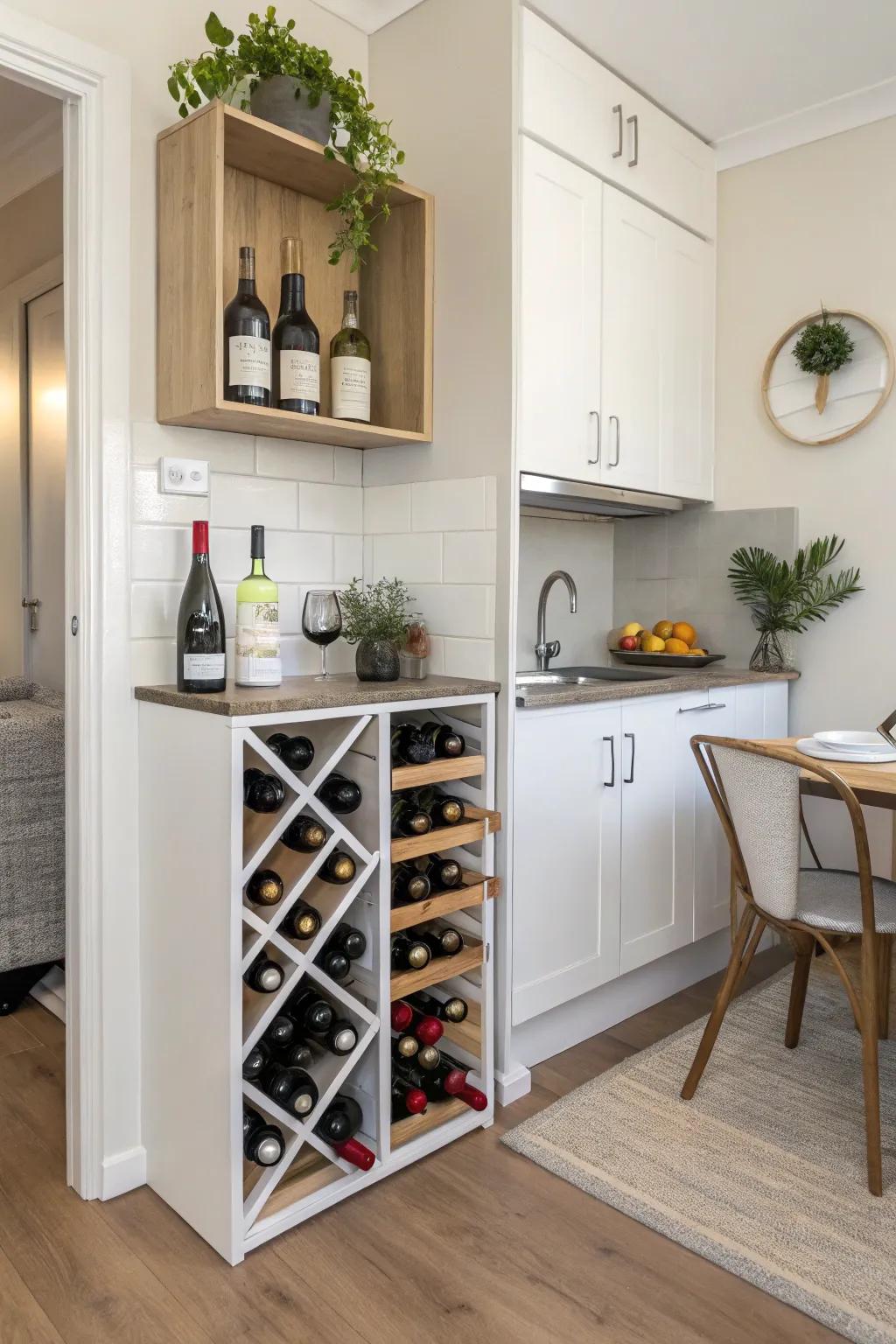 Compact wine racks provide stylish storage solutions suitable for smaller spaces.
