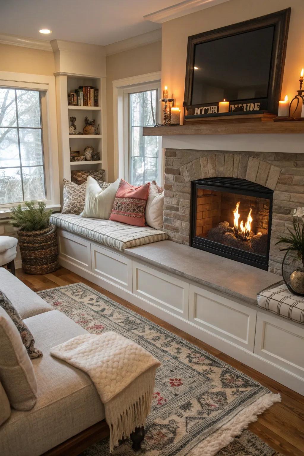 Bench seating around the fireplace delivers comfort and style.