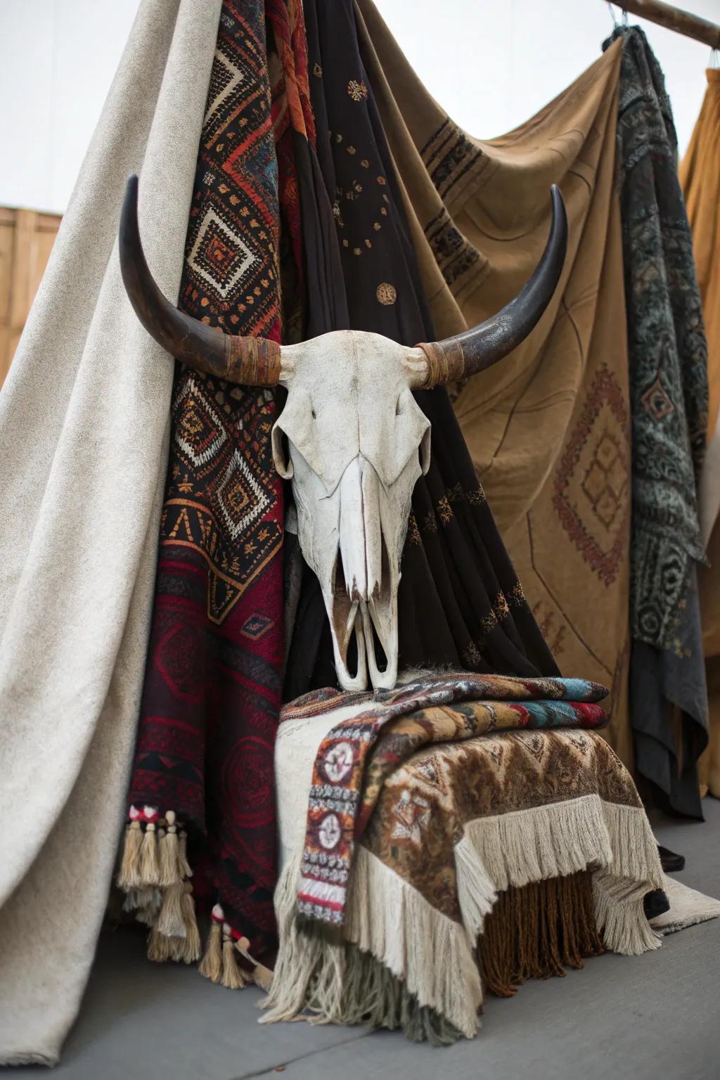 Textile layers creating warmth around a bull skull.