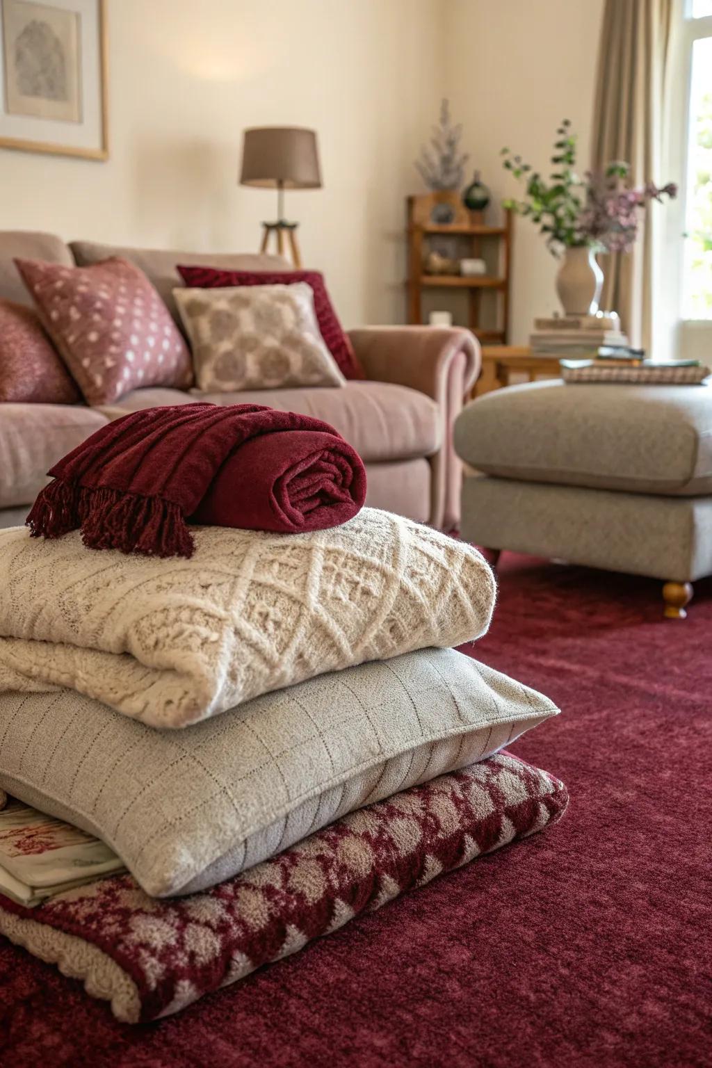Delicate textiles layered on a deep red floor covering establish a personal sanctuary.