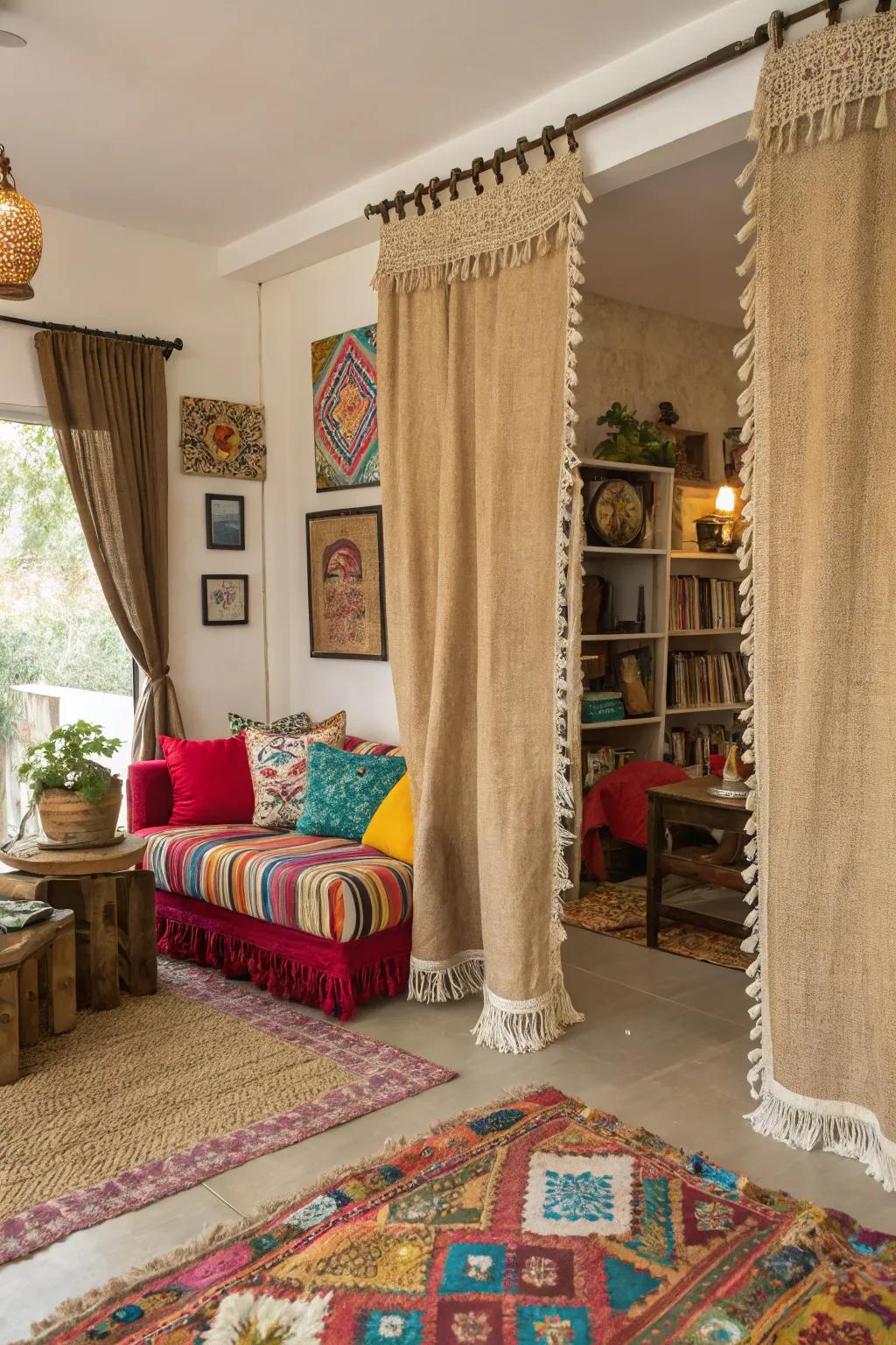 Playful feel through fringe-edged material window coverings.