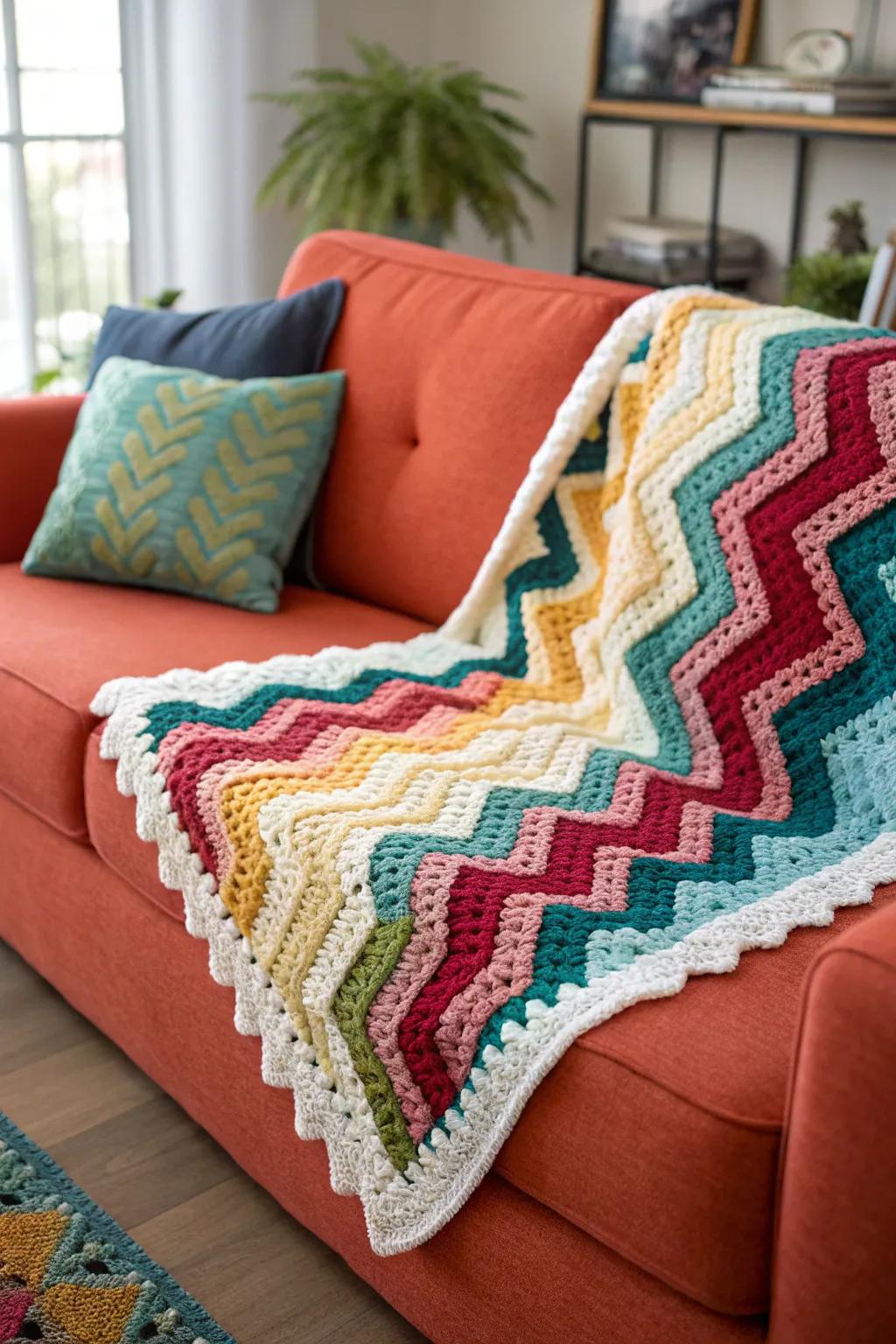 Zig-zag borders create a lively, dynamic aesthetic.