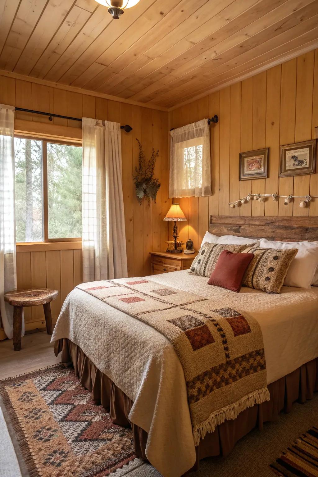 A cabin bedroom featuring warm earthy colors and cozy decor.