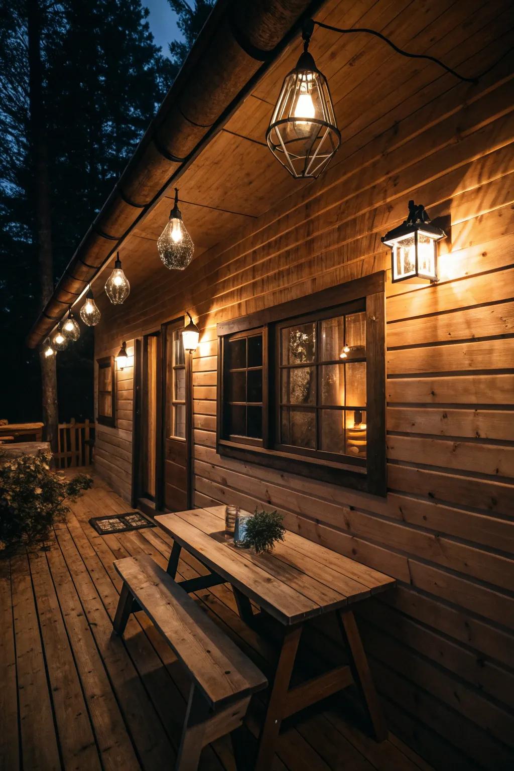 Pendant lights creating a play of light and shadows within the cabin.