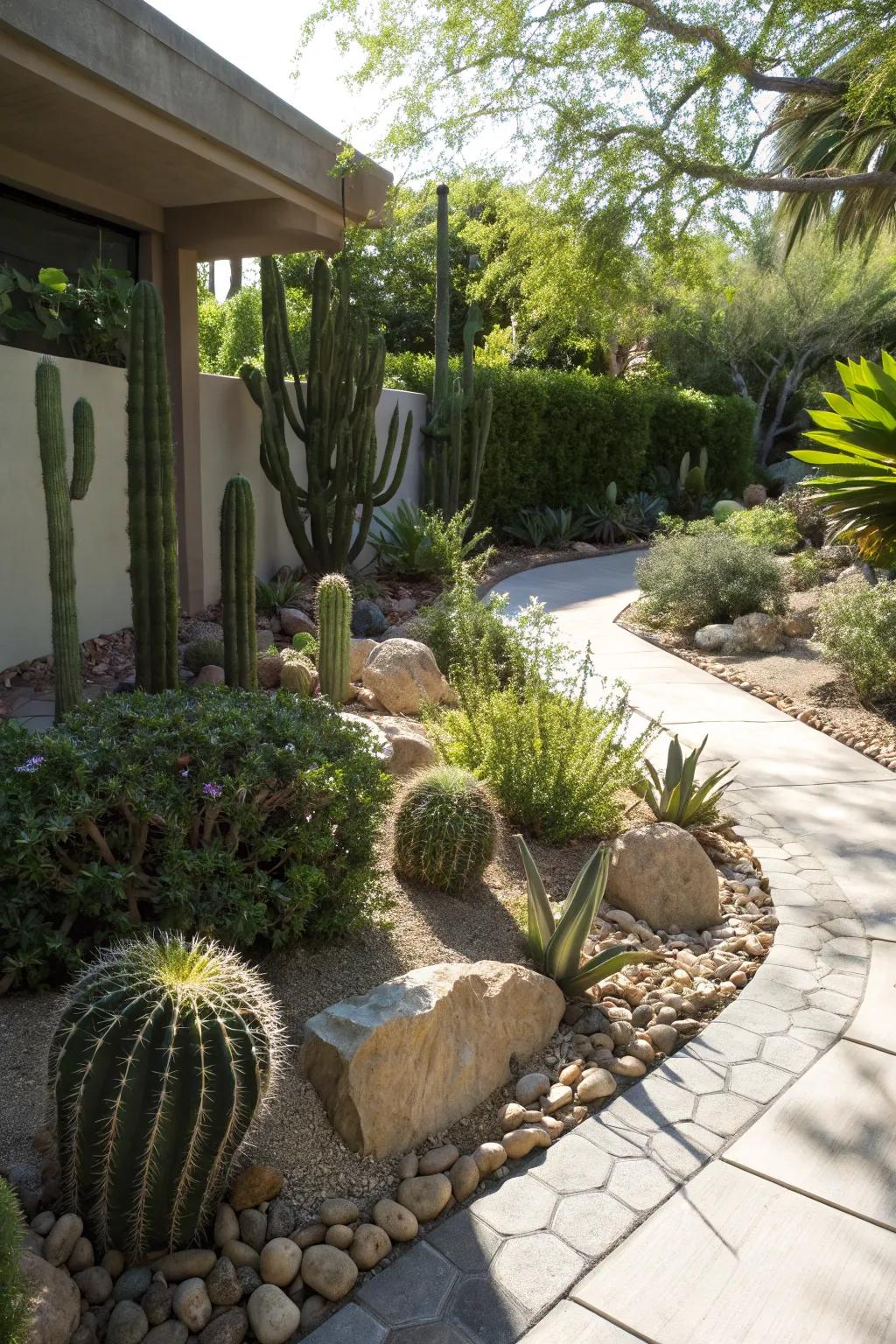 Cacti escaping the shadows in a strategically designed garden nook.