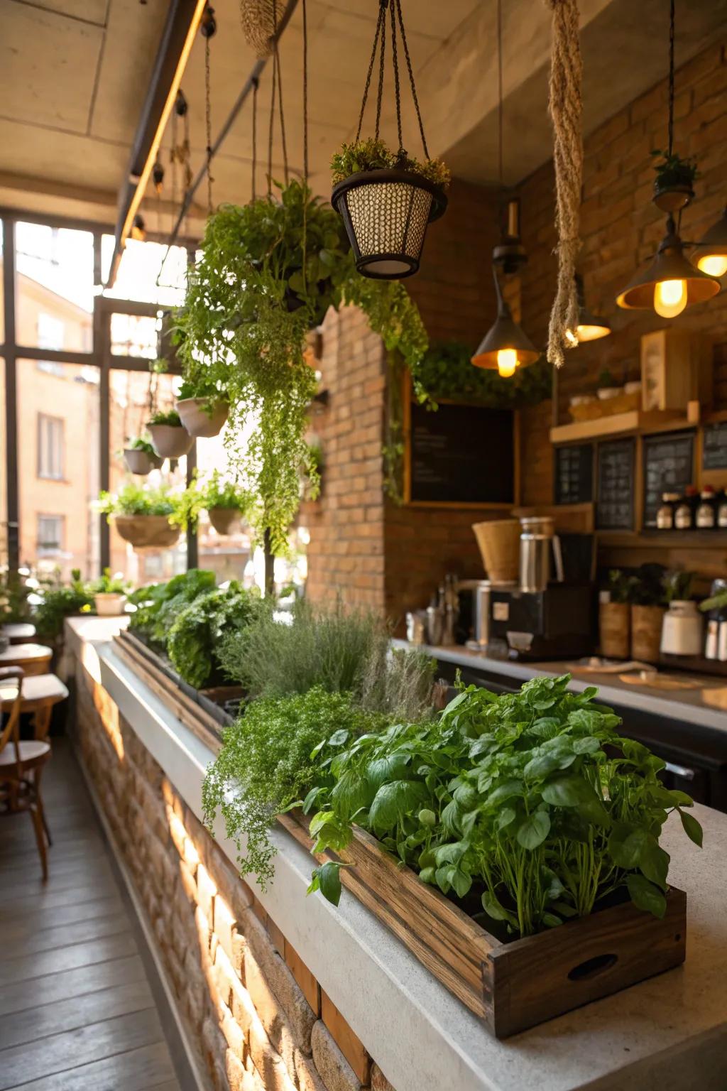 Foliage imbuing a revitalizing and lively sensation to a cafe cooking area.