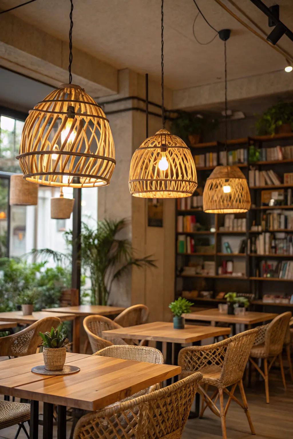 Natural material light fixtures, such as bamboo, that add warmth and flair to a cafe.