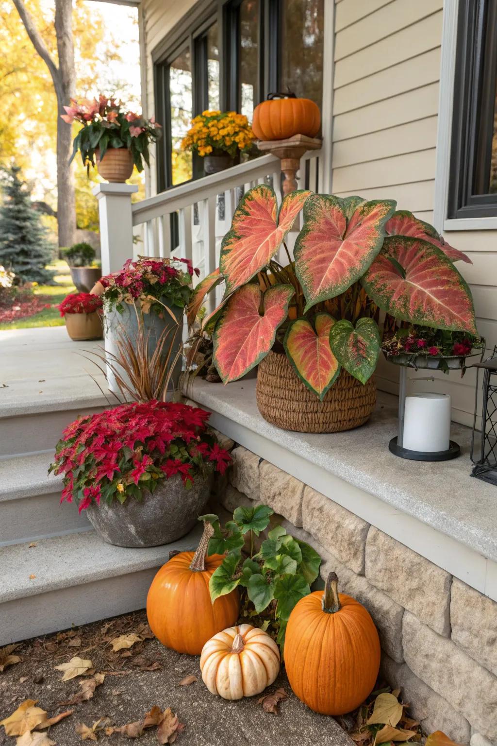 Themed accents ensure that caladium displays remain fresh and timely.