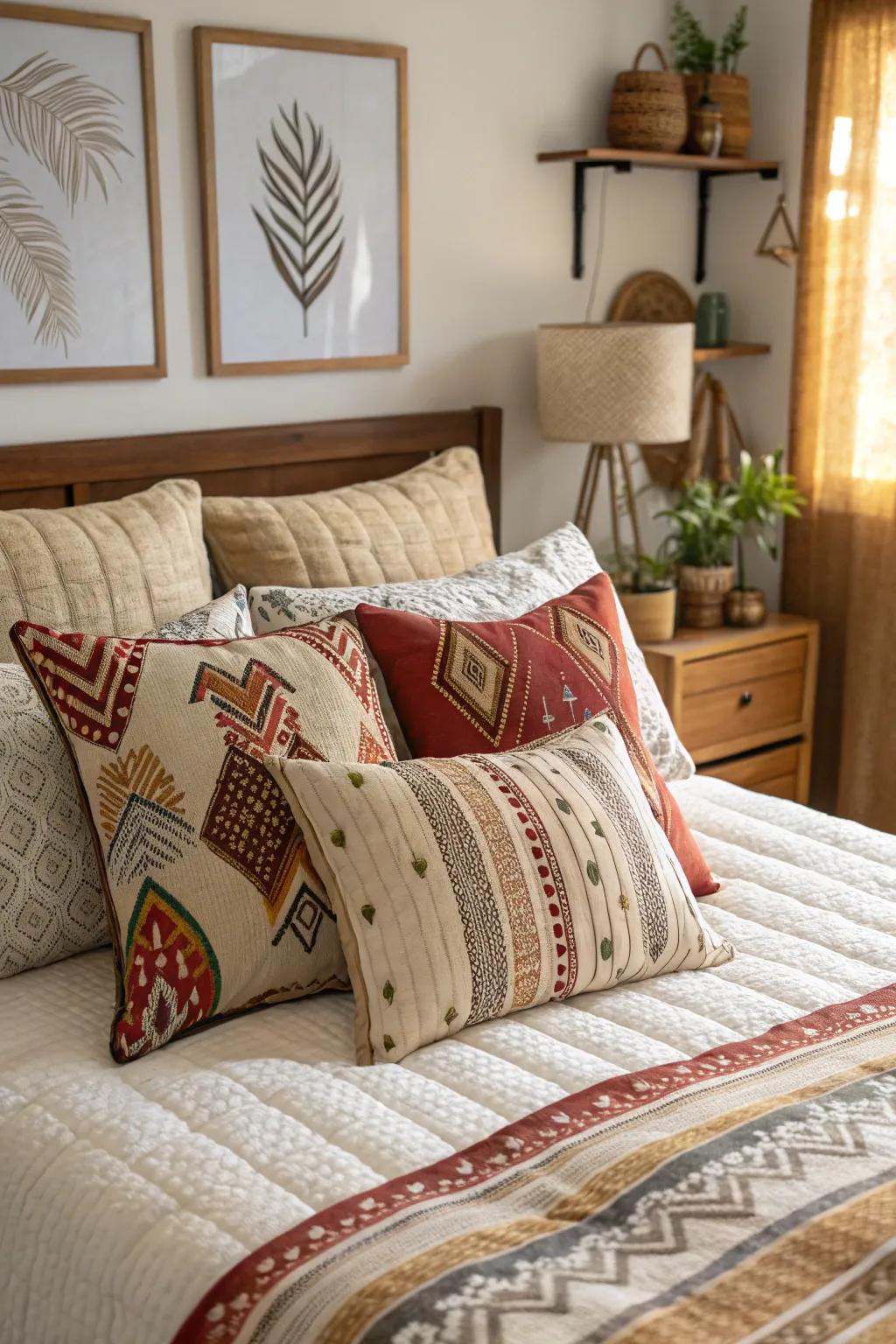 Bedroom with an assortment of decorative pillows in various patterns and textures.