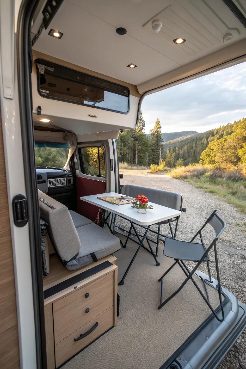 A multifunctional zone inside your camper shell for work and dining.