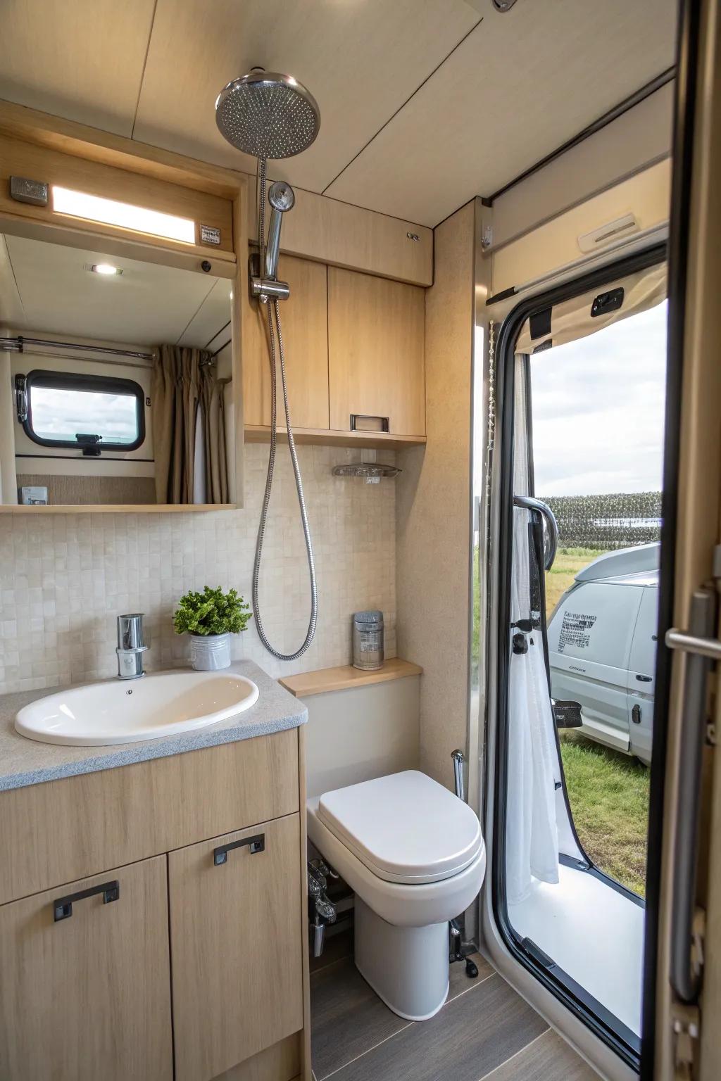 A high-efficiency showerhead in a mobile home washroom.
