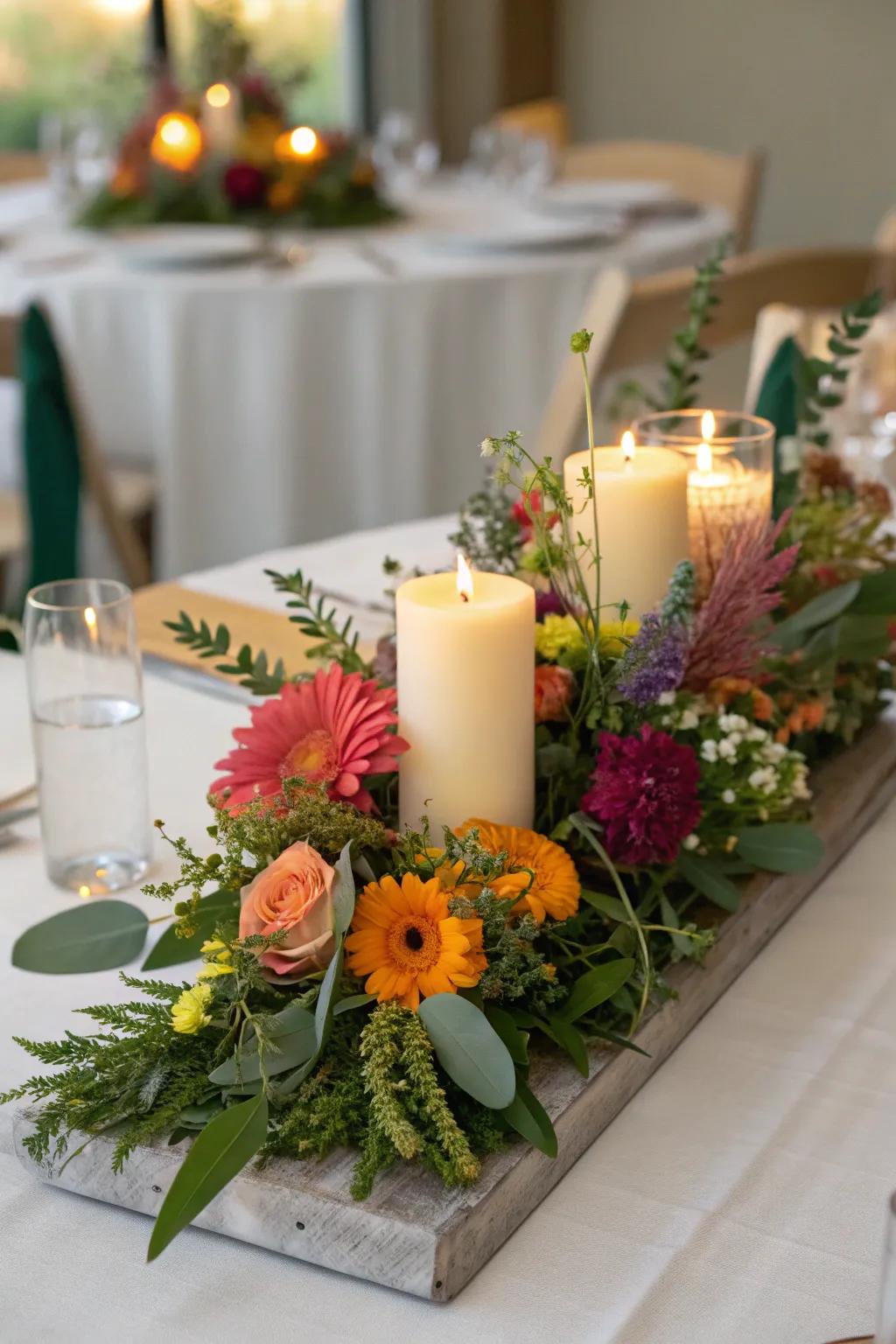 Flowers and candles merge to construct an invigorated, garden-themed arrangement.