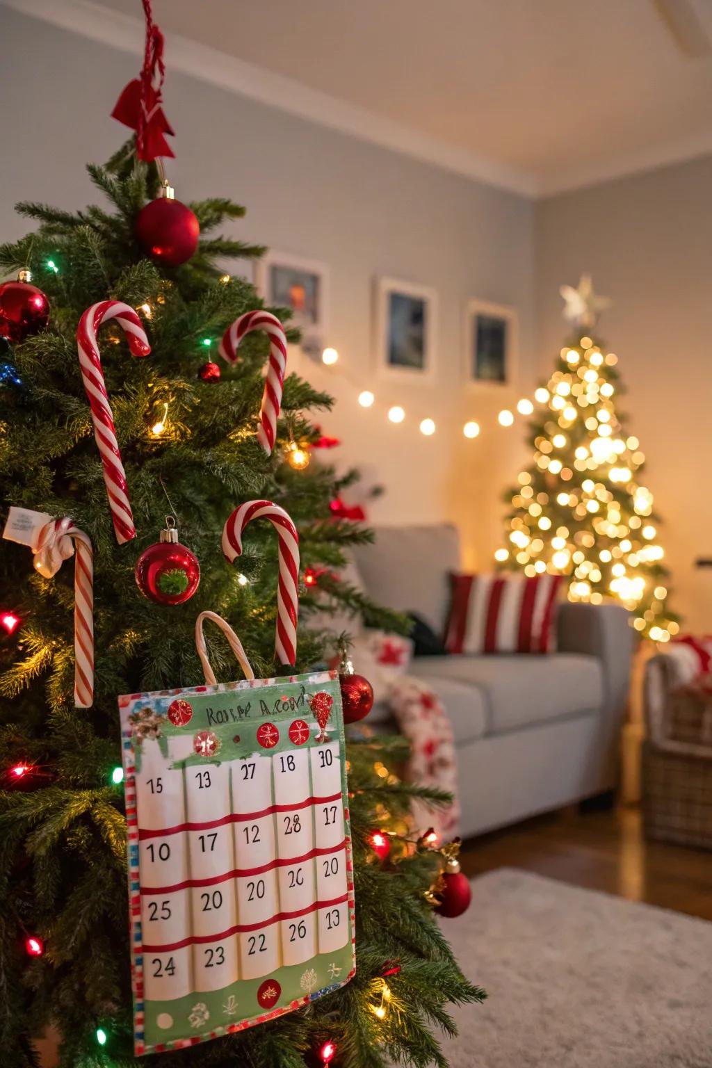 Interactive details make this sweet stripe tree fun and engaging.