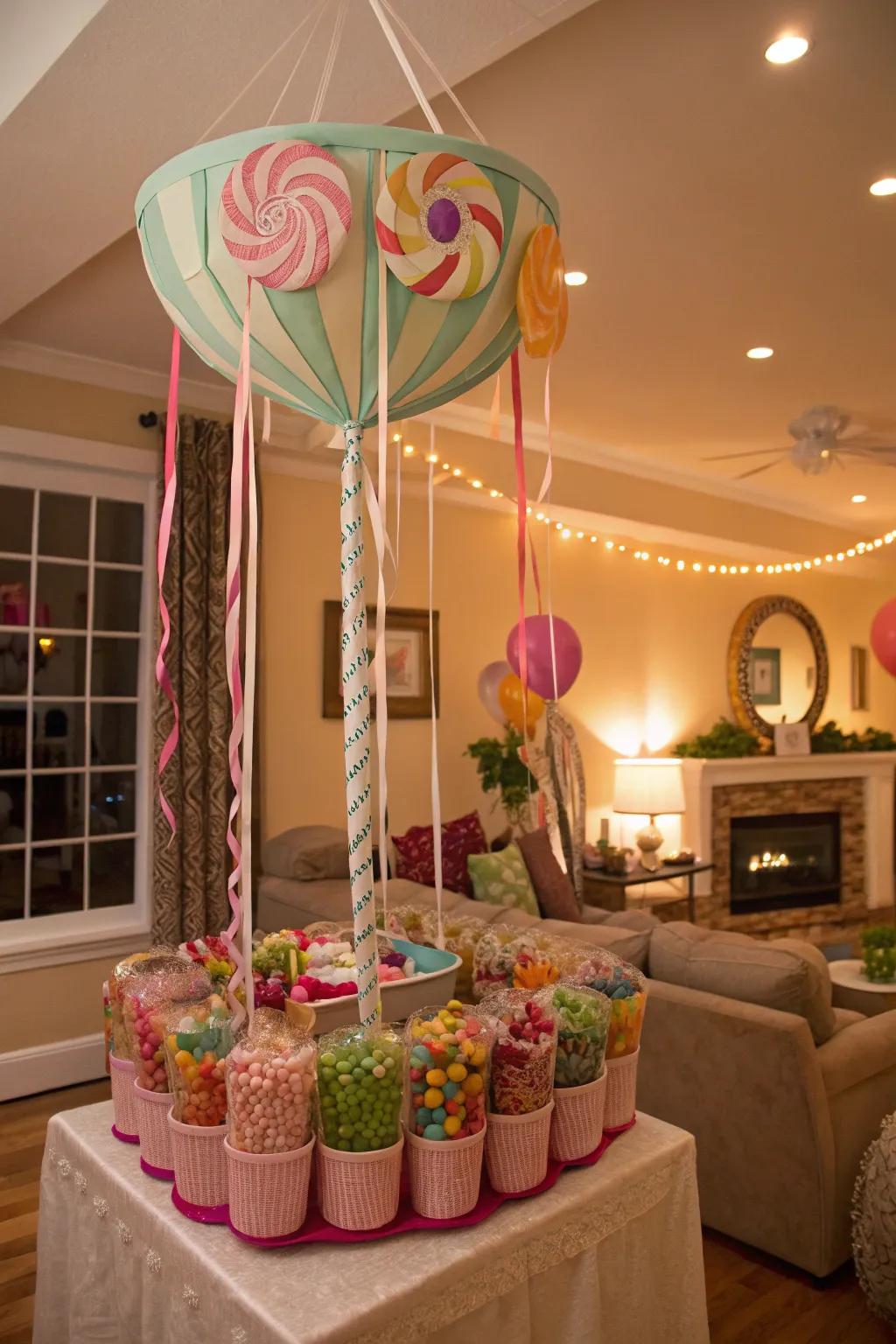 Suspended displays injecting a whimsical touch to sweets presentations.