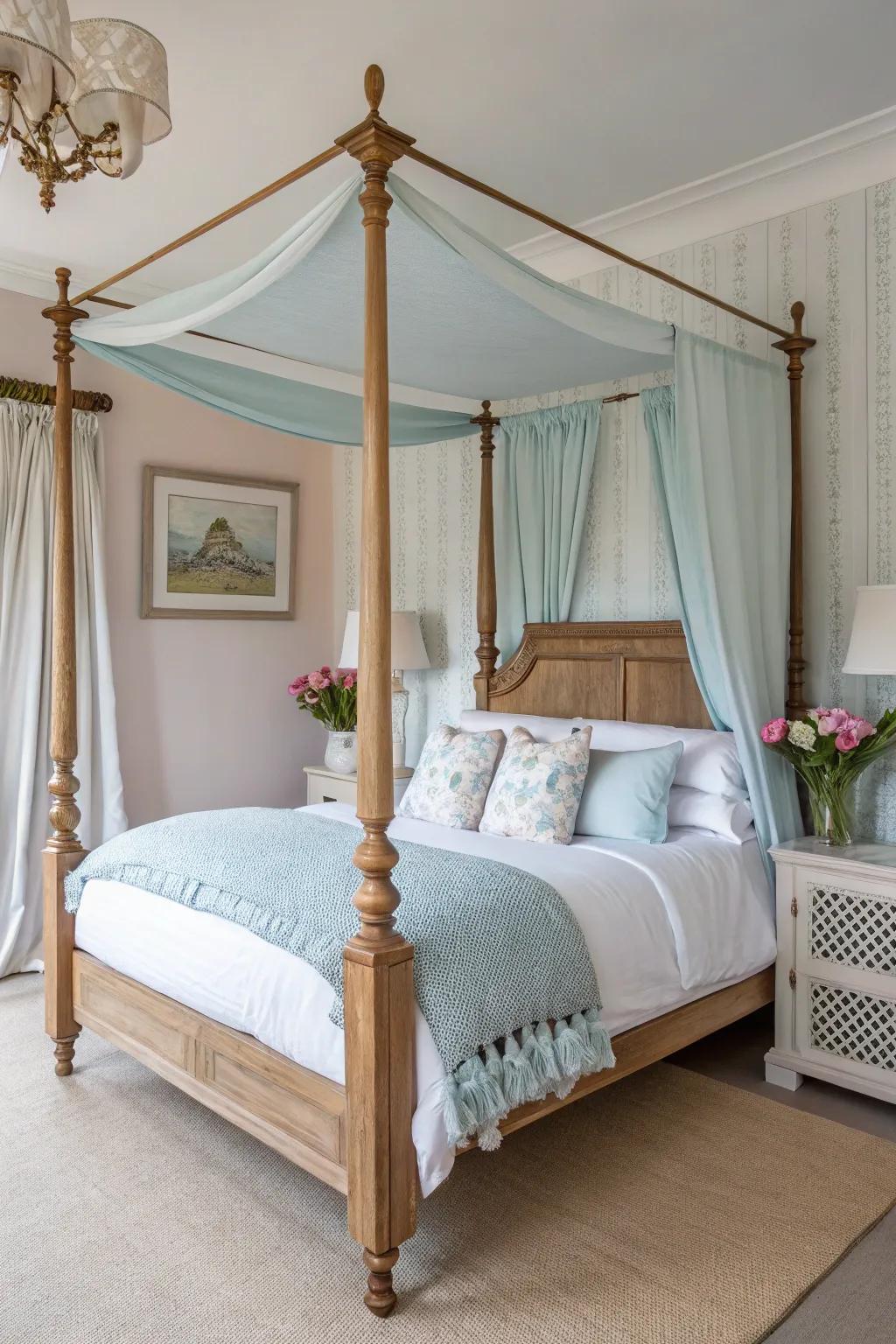 Half tester canopies offer style in smaller spaces.