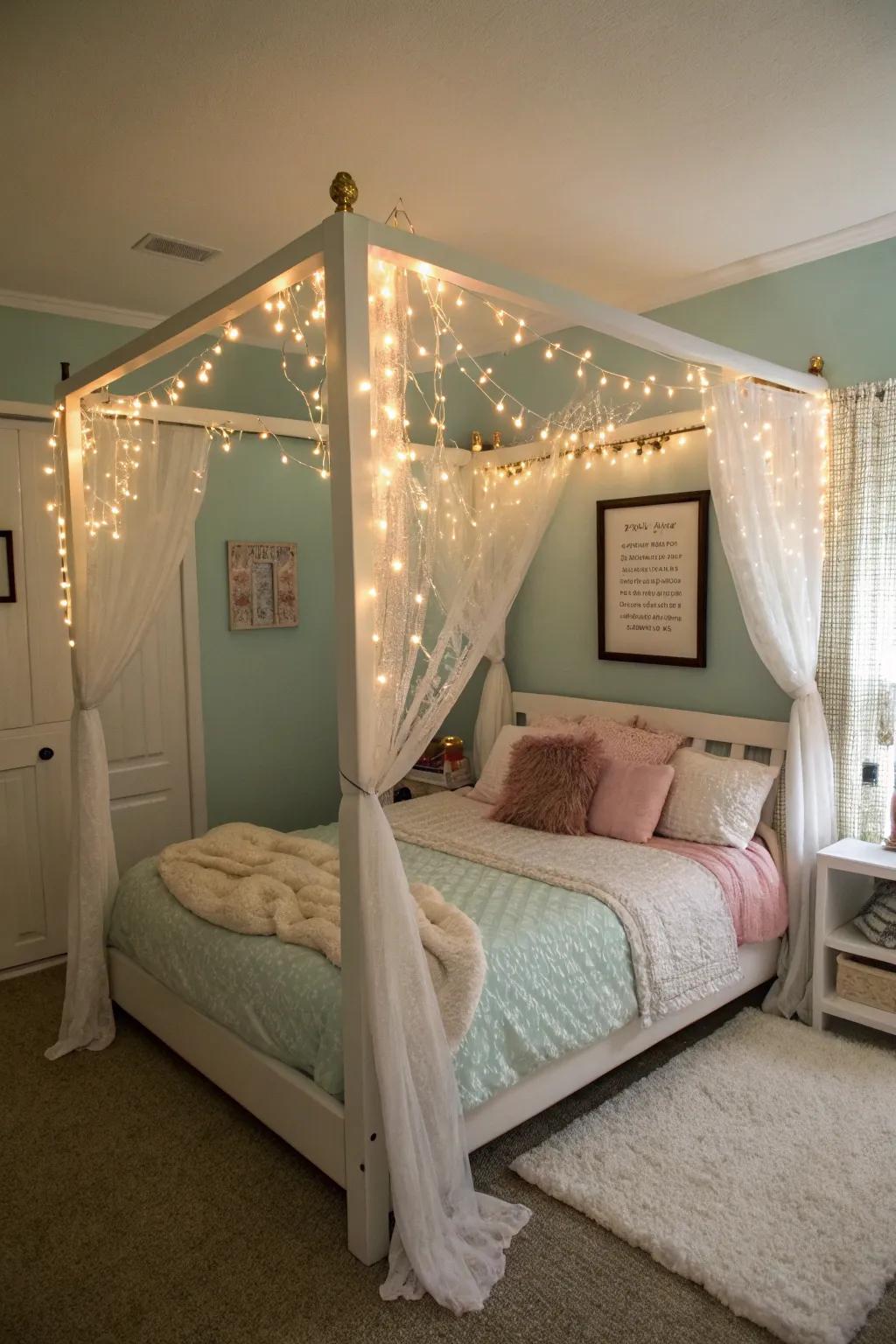 Built-in lighting in a four-poster bed enhances practicality and style.