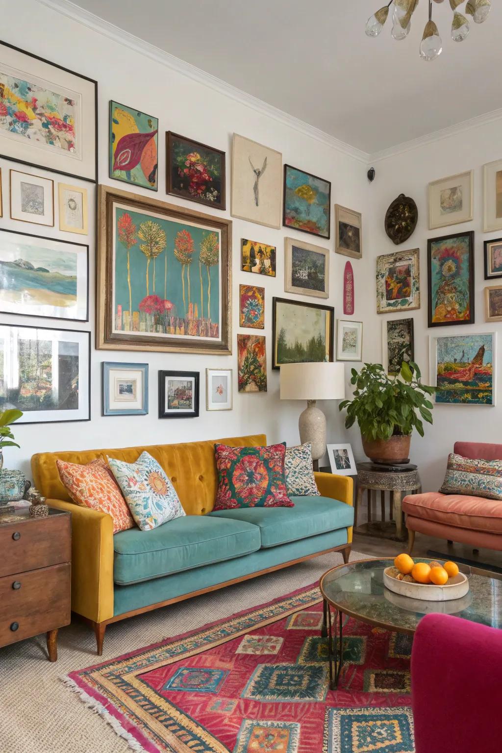 A mix of styles creates a vibrant gallery.